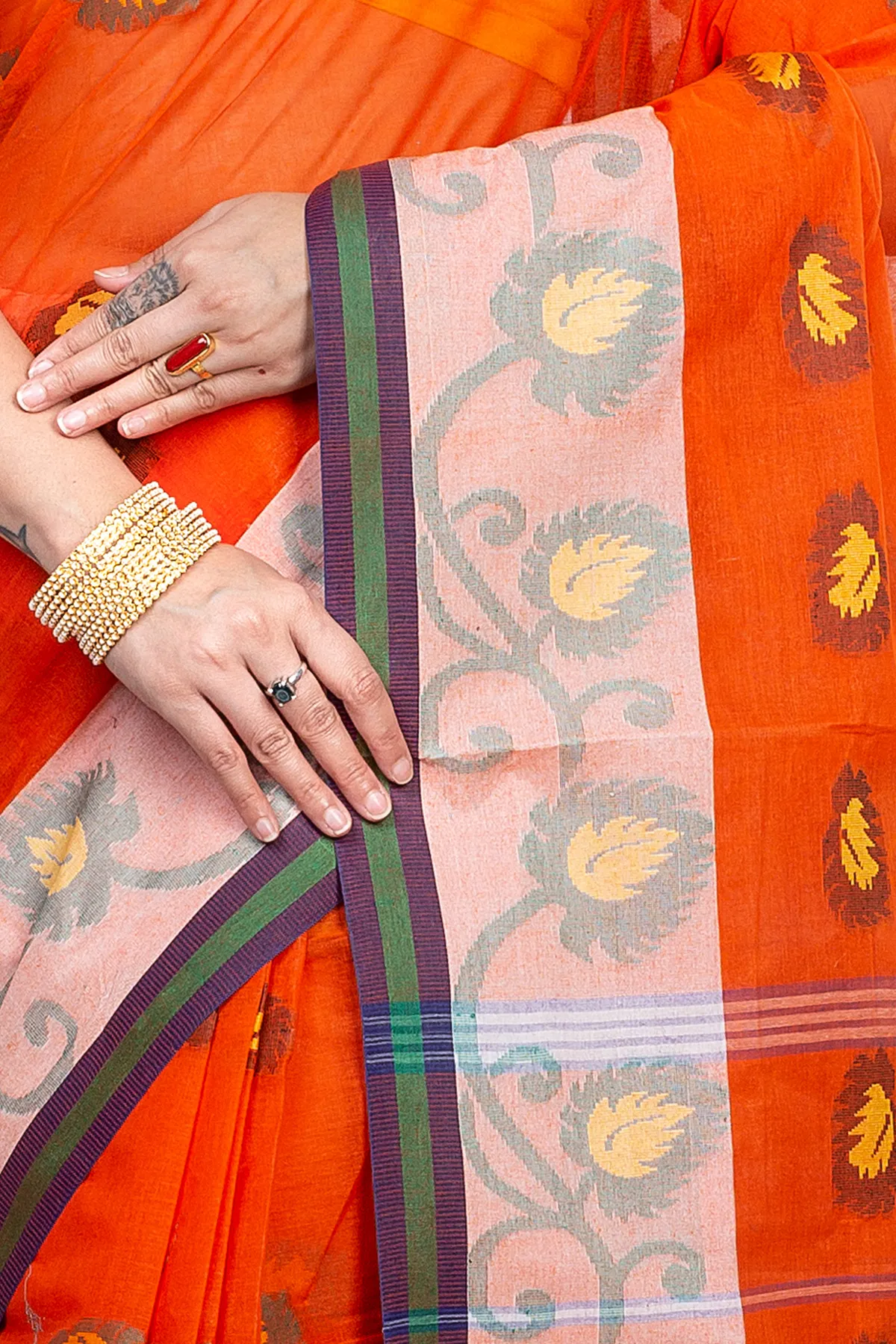 DipDiya Pure Cotton Orange HapChaka Classic Bengali Tant Sarees