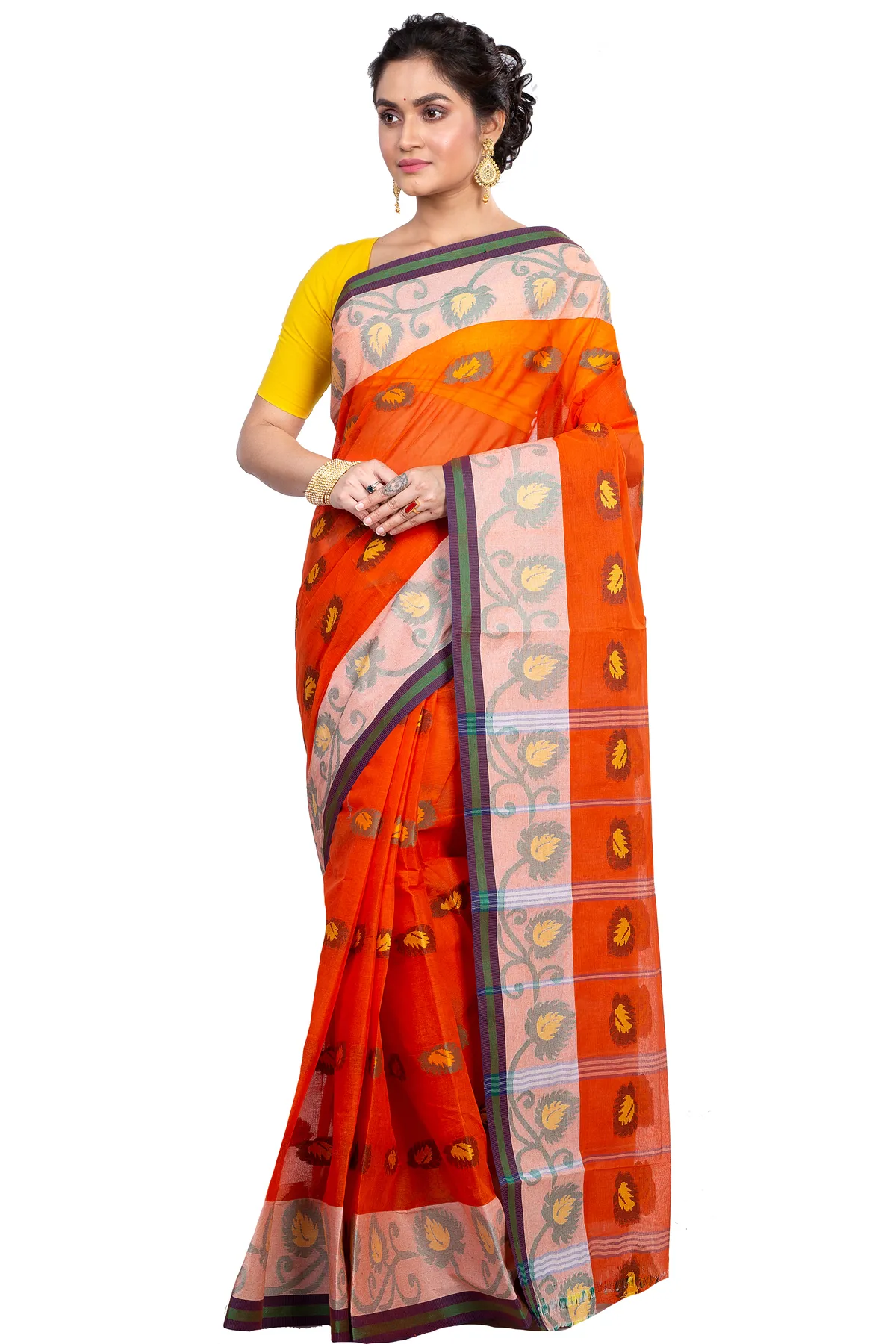 DipDiya Pure Cotton Orange HapChaka Classic Bengali Tant Sarees