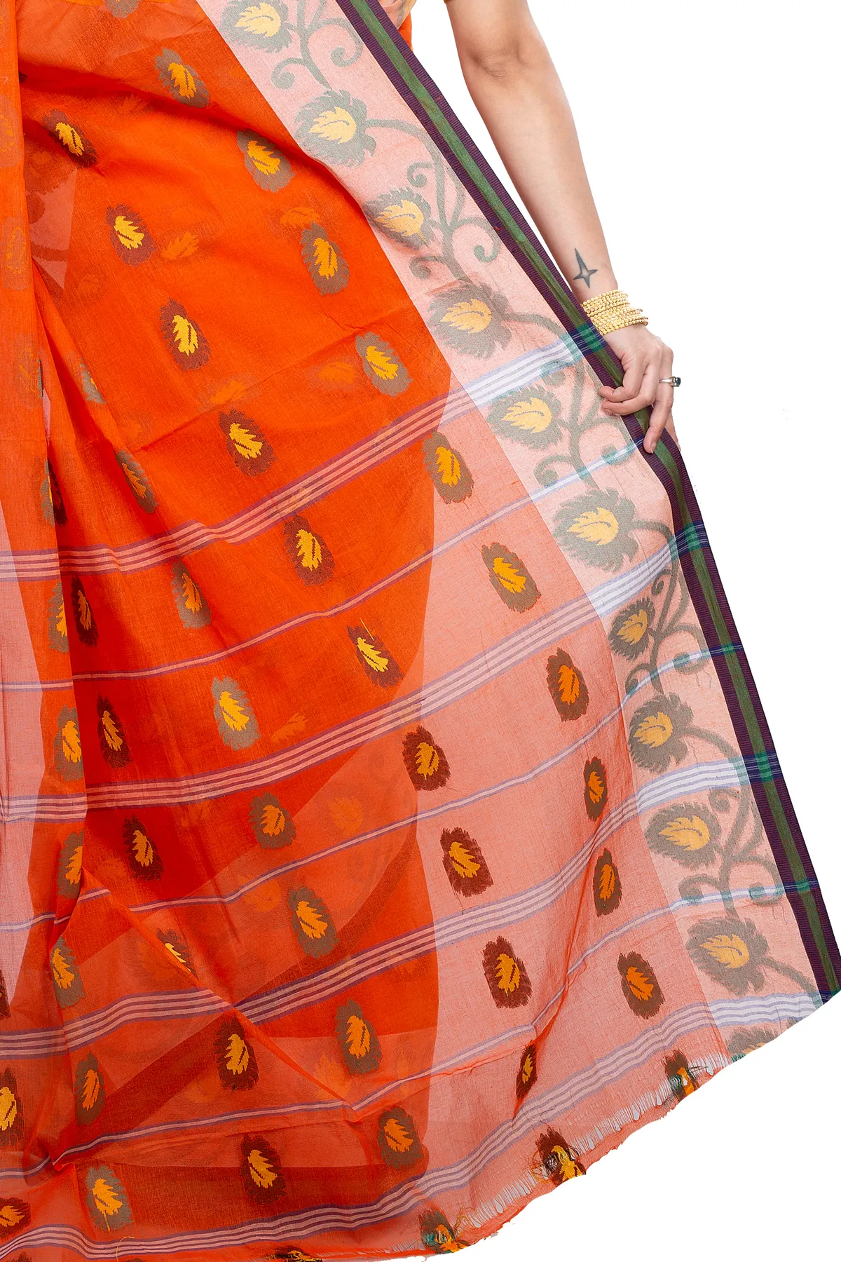 DipDiya Pure Cotton Orange HapChaka Classic Bengali Tant Sarees
