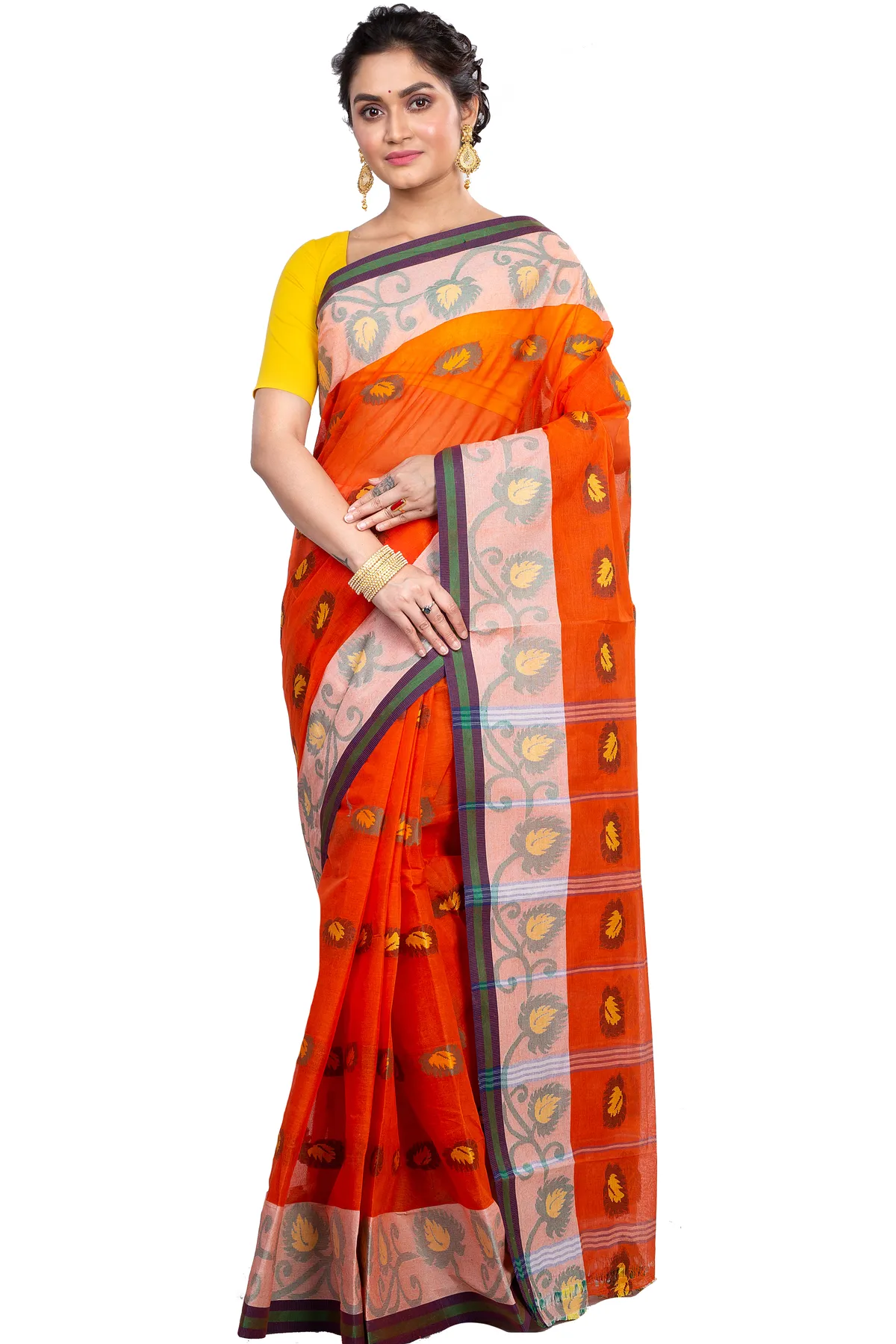 DipDiya Pure Cotton Orange HapChaka Classic Bengali Tant Sarees