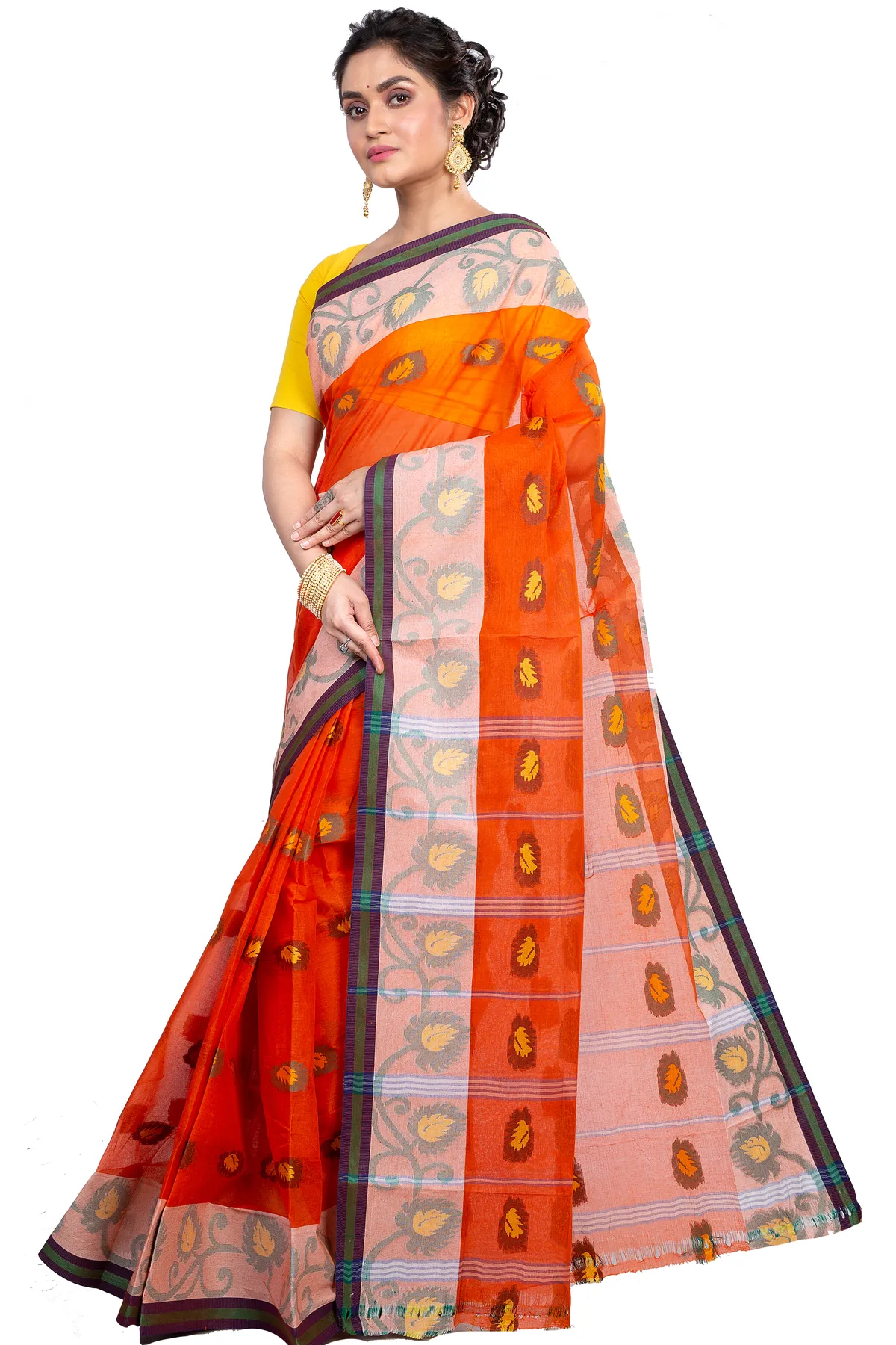 DipDiya Pure Cotton Orange HapChaka Classic Bengali Tant Sarees