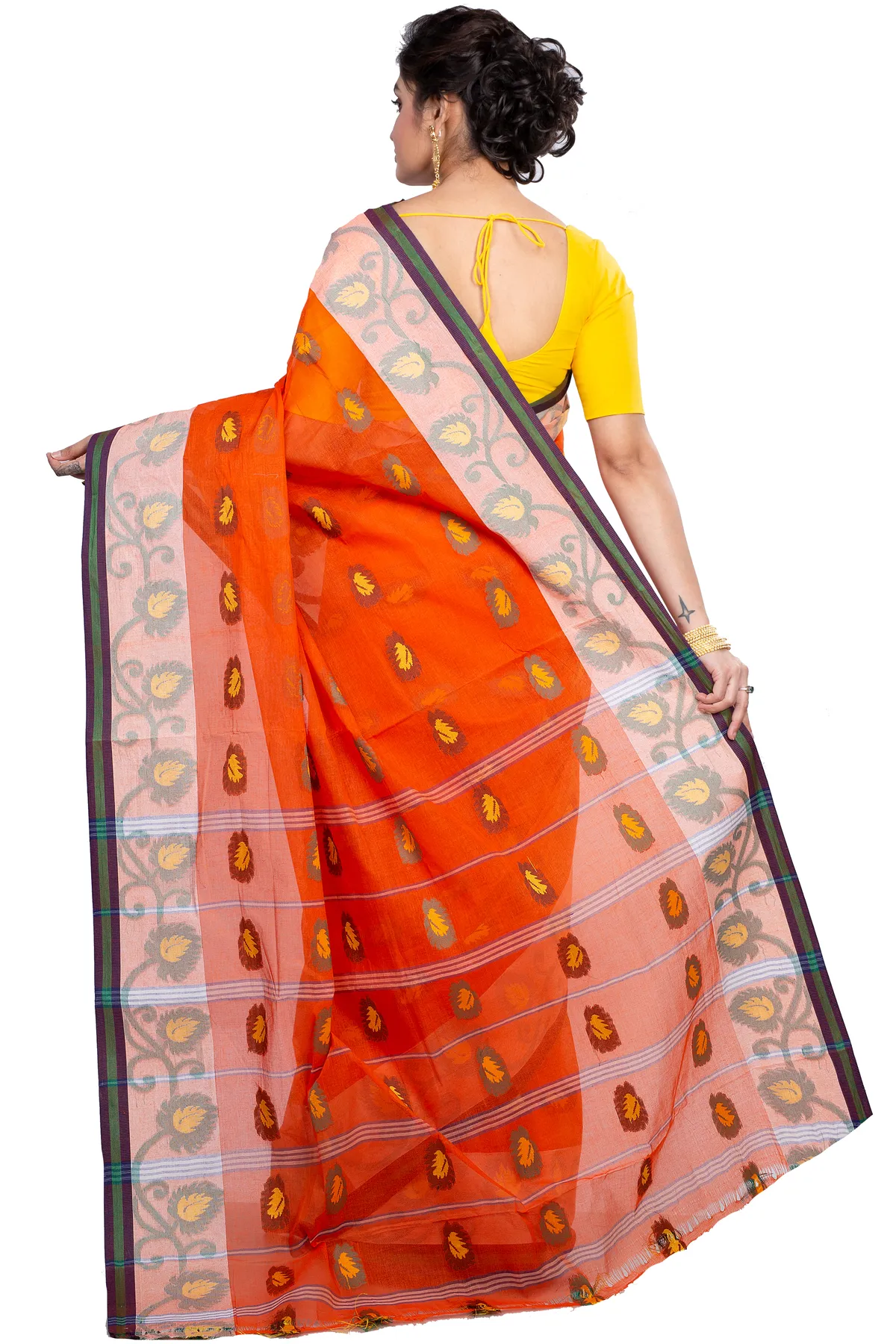 DipDiya Pure Cotton Orange HapChaka Classic Bengali Tant Sarees
