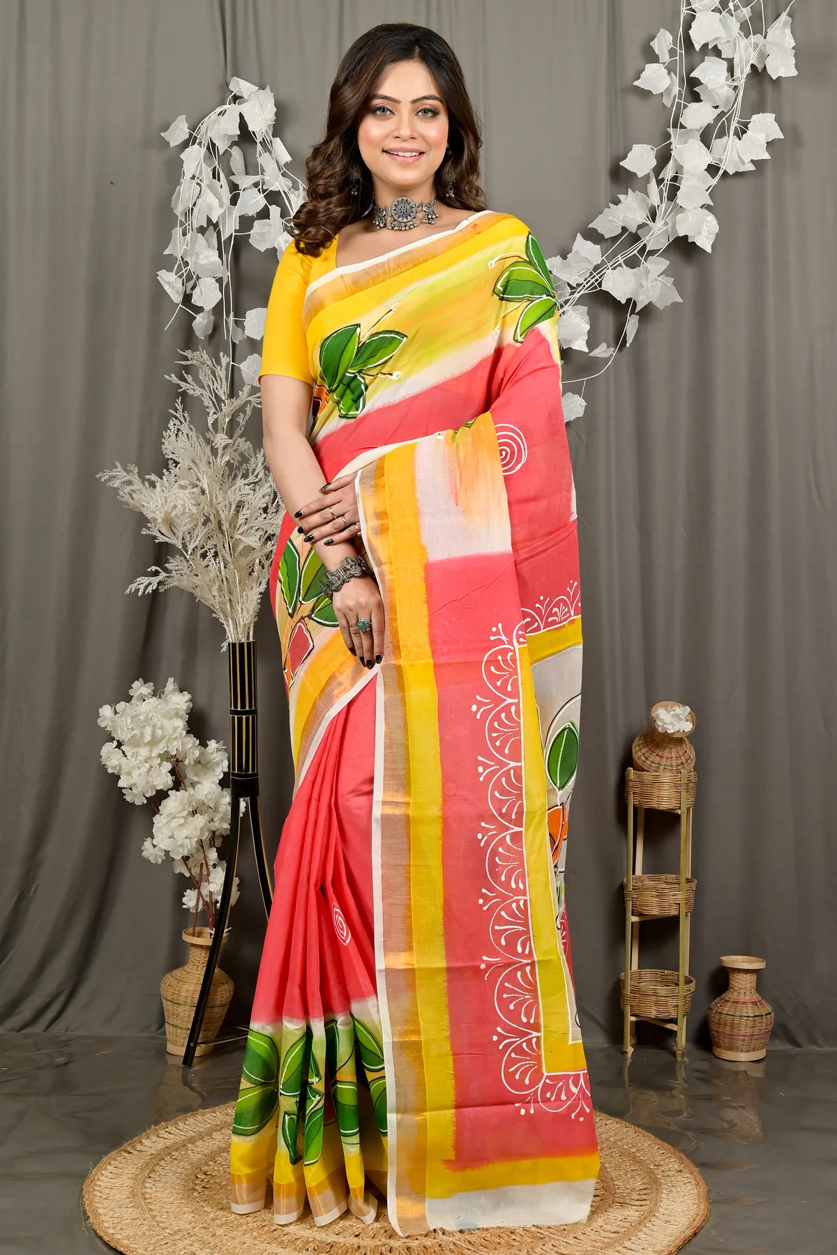 DipDiya Pure Cotton Orange Hataka Woven with Loves Hand Painted Sarees