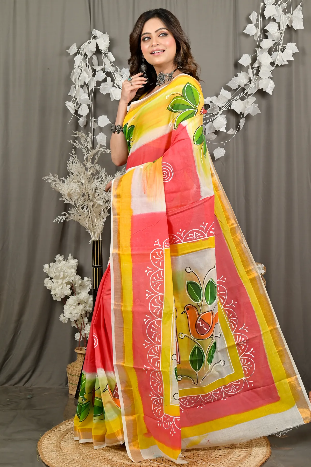 DipDiya Pure Cotton Orange Hataka Woven with Loves Hand Painted Sarees