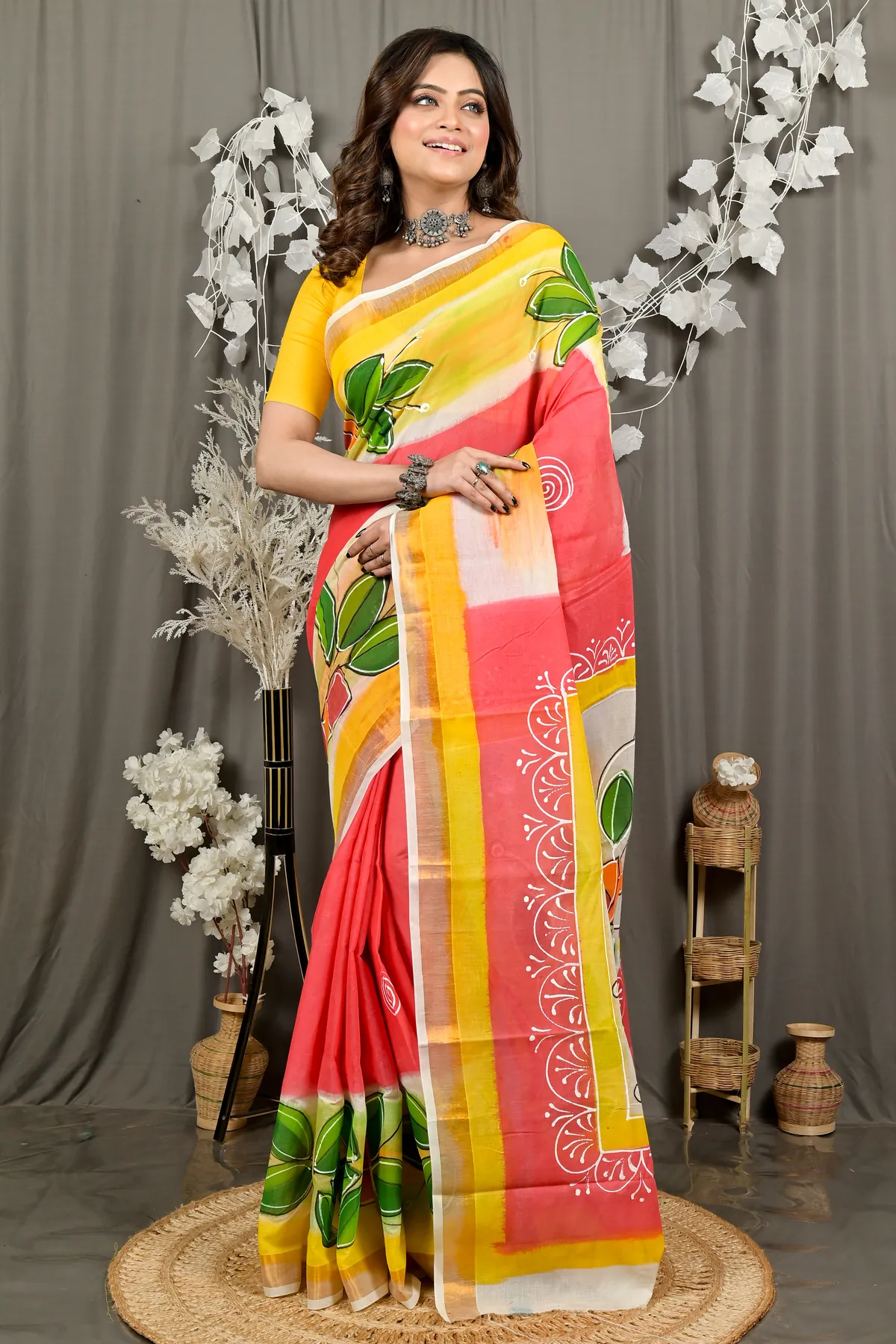DipDiya Pure Cotton Orange Hataka Woven with Loves Hand Painted Sarees
