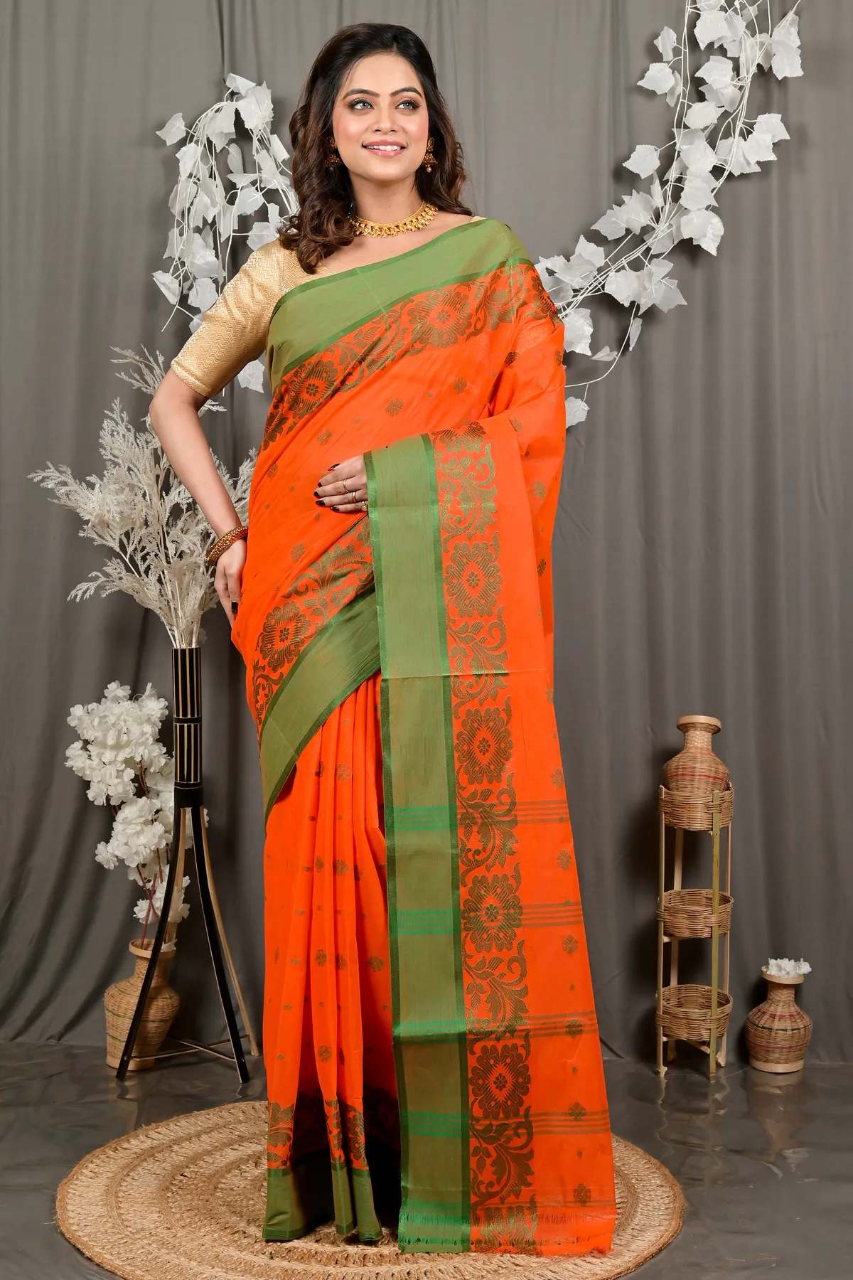 DipDiya Pure Cotton Orange Heruka Masterfully Woven Tant Sarees