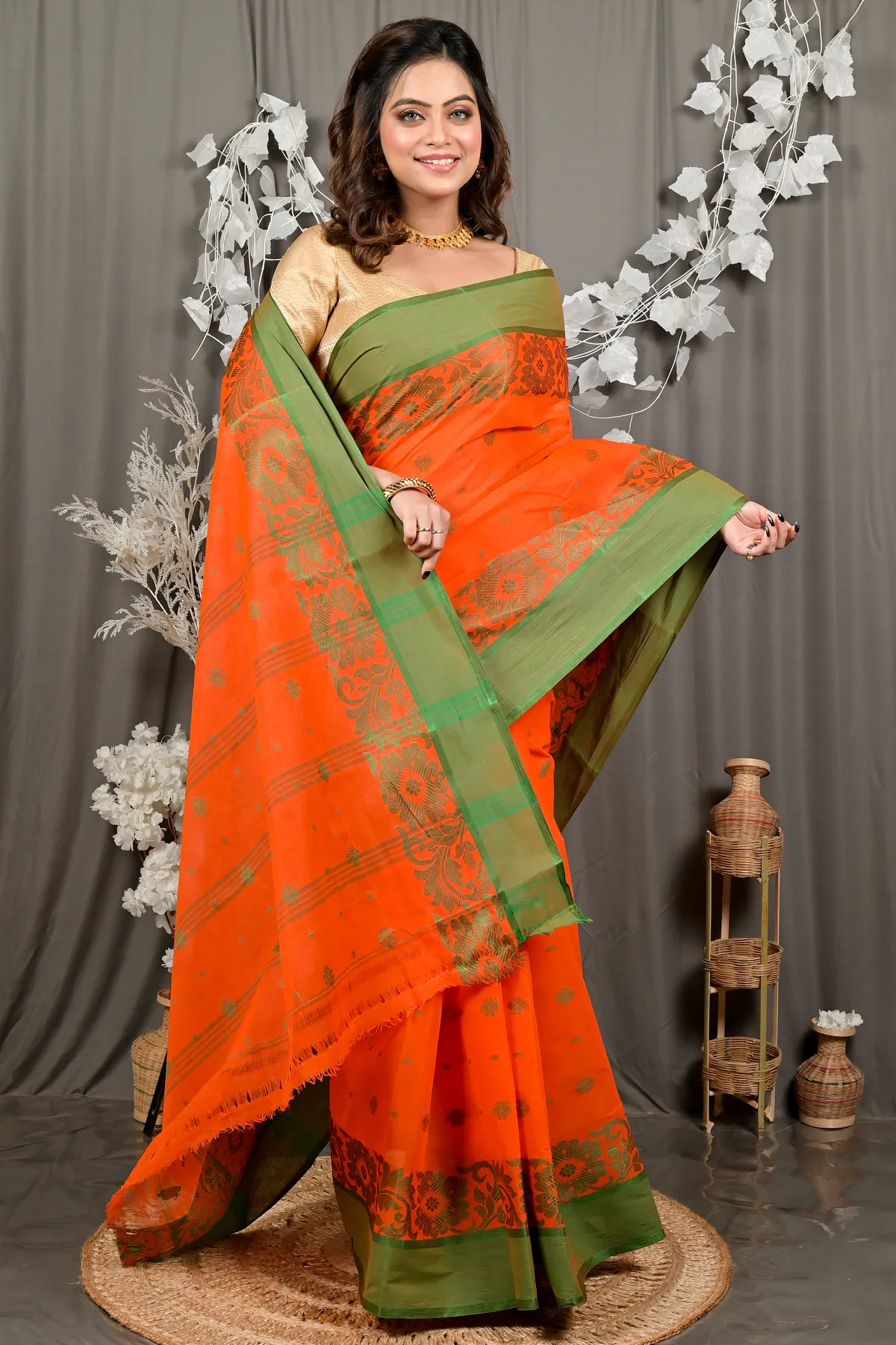 DipDiya Pure Cotton Orange Heruka Masterfully Woven Tant Sarees