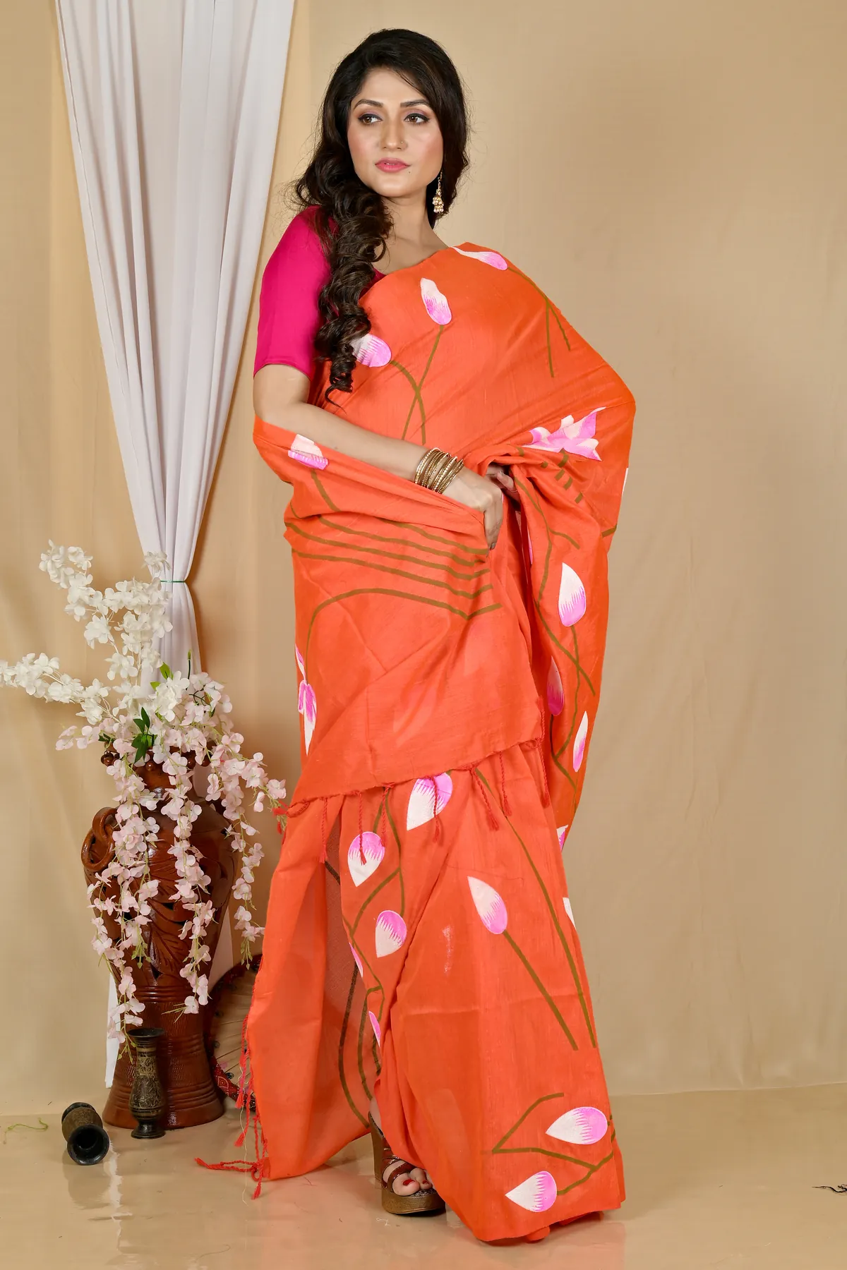 DipDiya Pure Cotton Orange Kamal Heritage You Can Wear Hand Painted Sarees