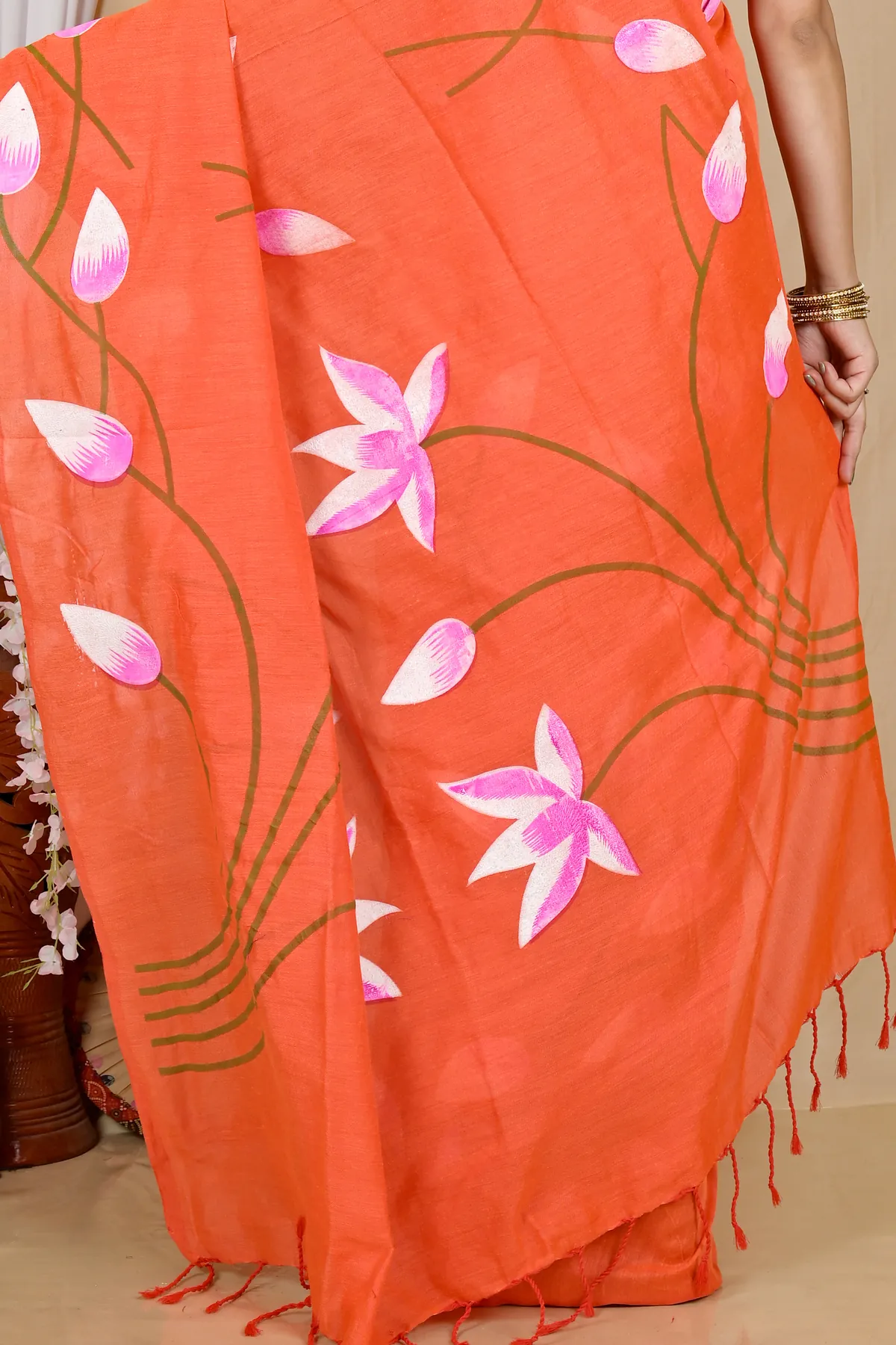 DipDiya Pure Cotton Orange Kamal Heritage You Can Wear Hand Painted Sarees