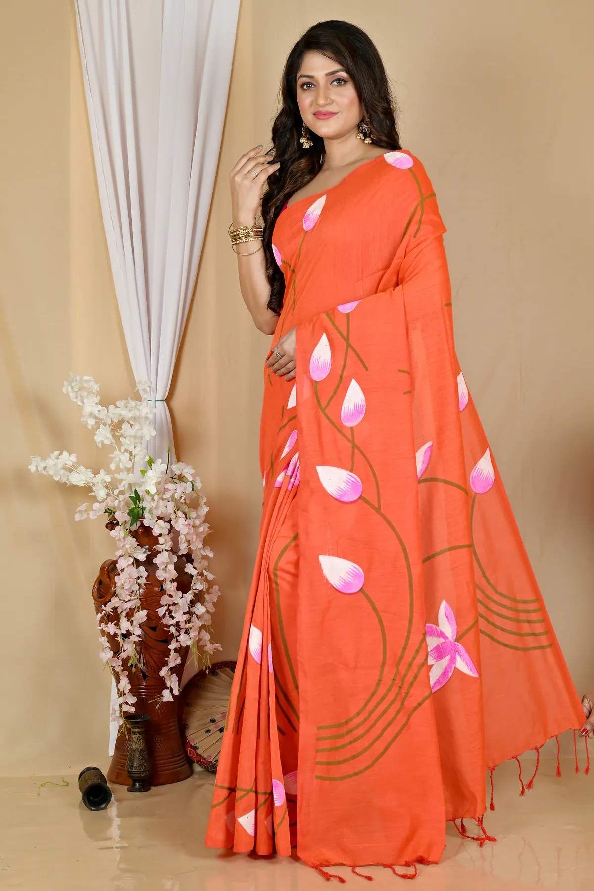 DipDiya Pure Cotton Orange Kamal Heritage You Can Wear Hand Painted Sarees