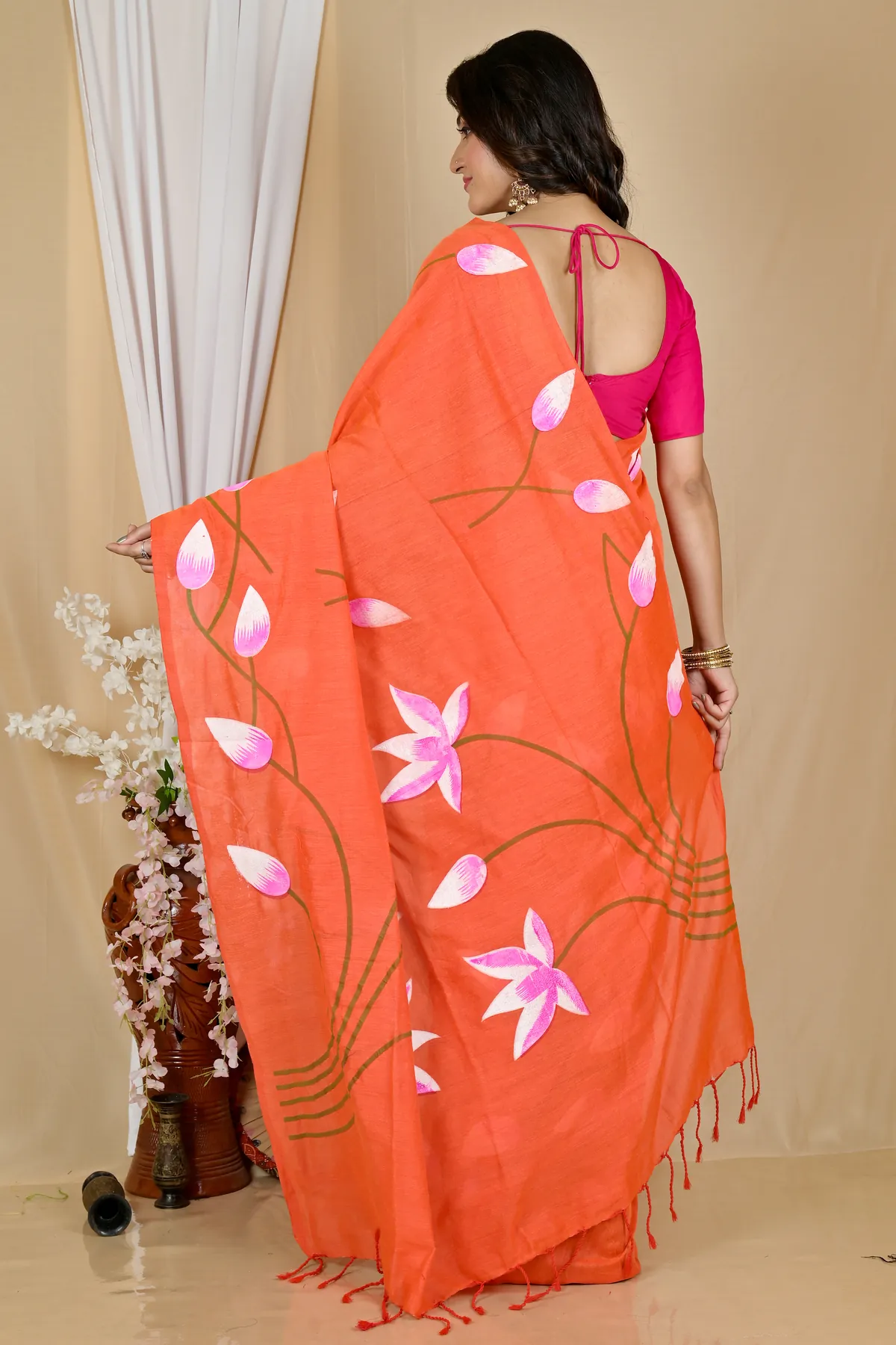 DipDiya Pure Cotton Orange Kamal Heritage You Can Wear Hand Painted Sarees