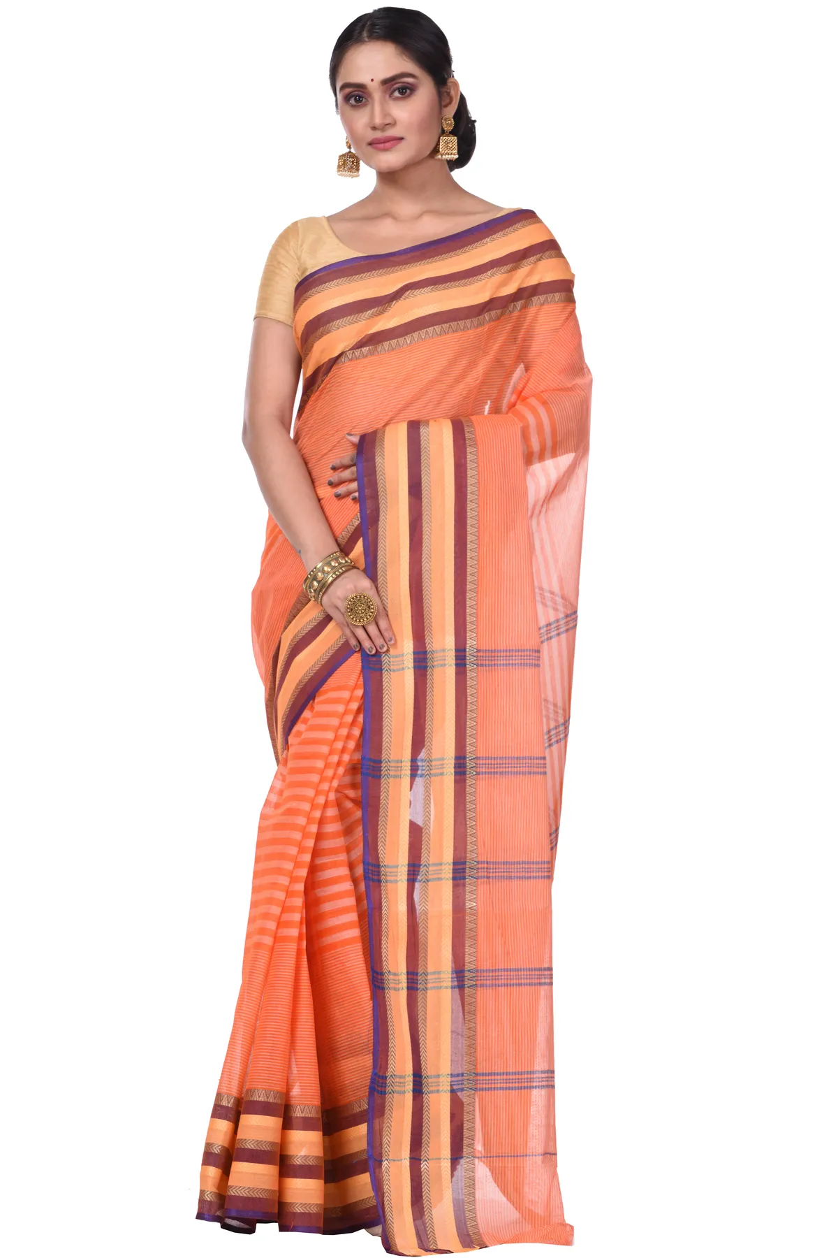 DipDiya Pure Cotton Orange Khajur Churi Strip Loom to Love Tant Sarees