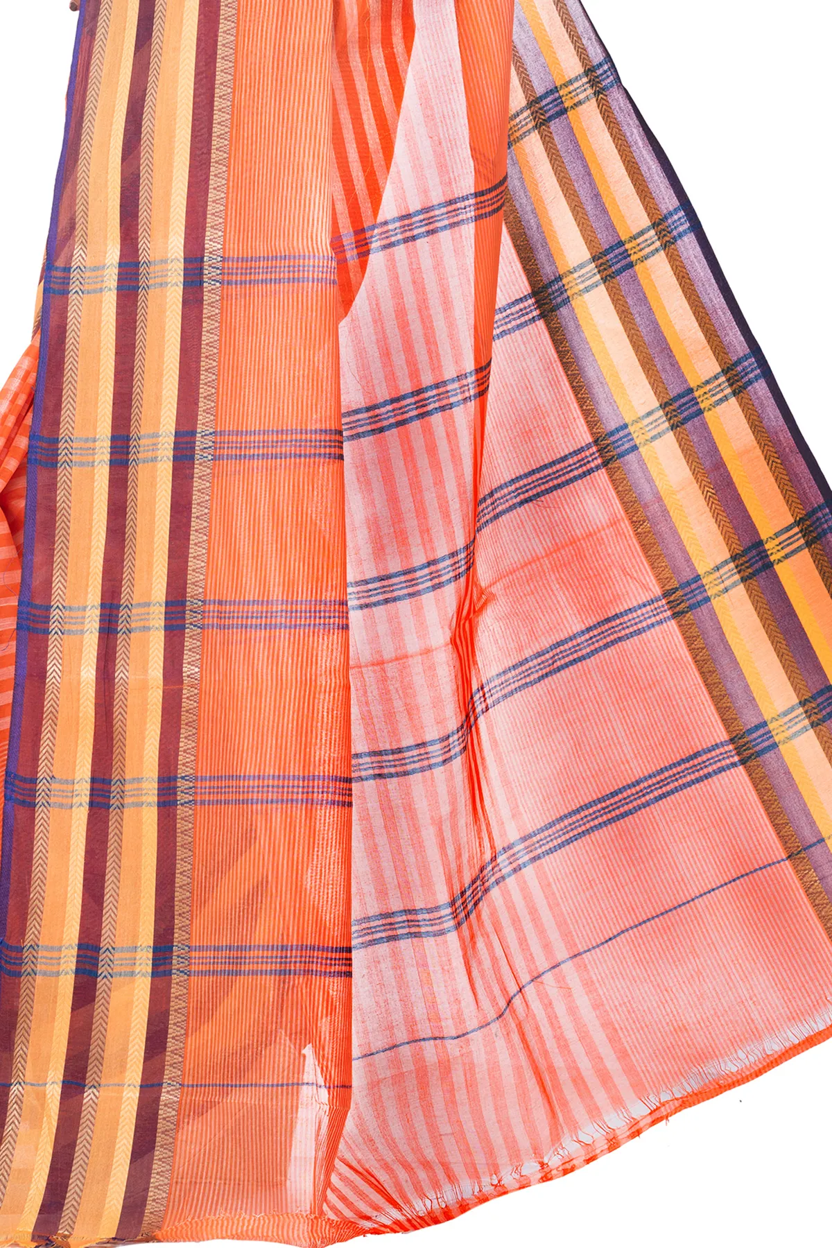 DipDiya Pure Cotton Orange Khajur Churi Strip Loom to Love Tant Sarees