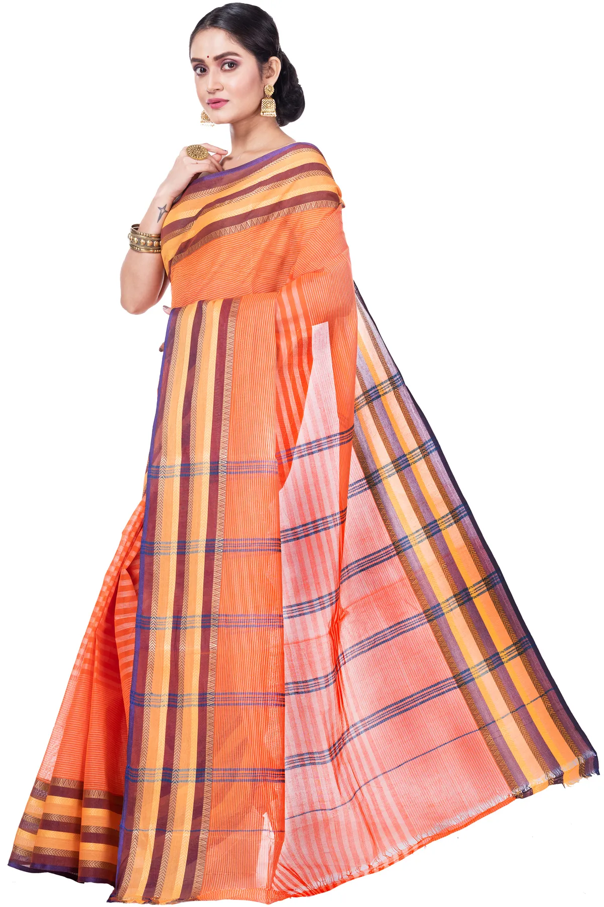DipDiya Pure Cotton Orange Khajur Churi Strip Loom to Love Tant Sarees