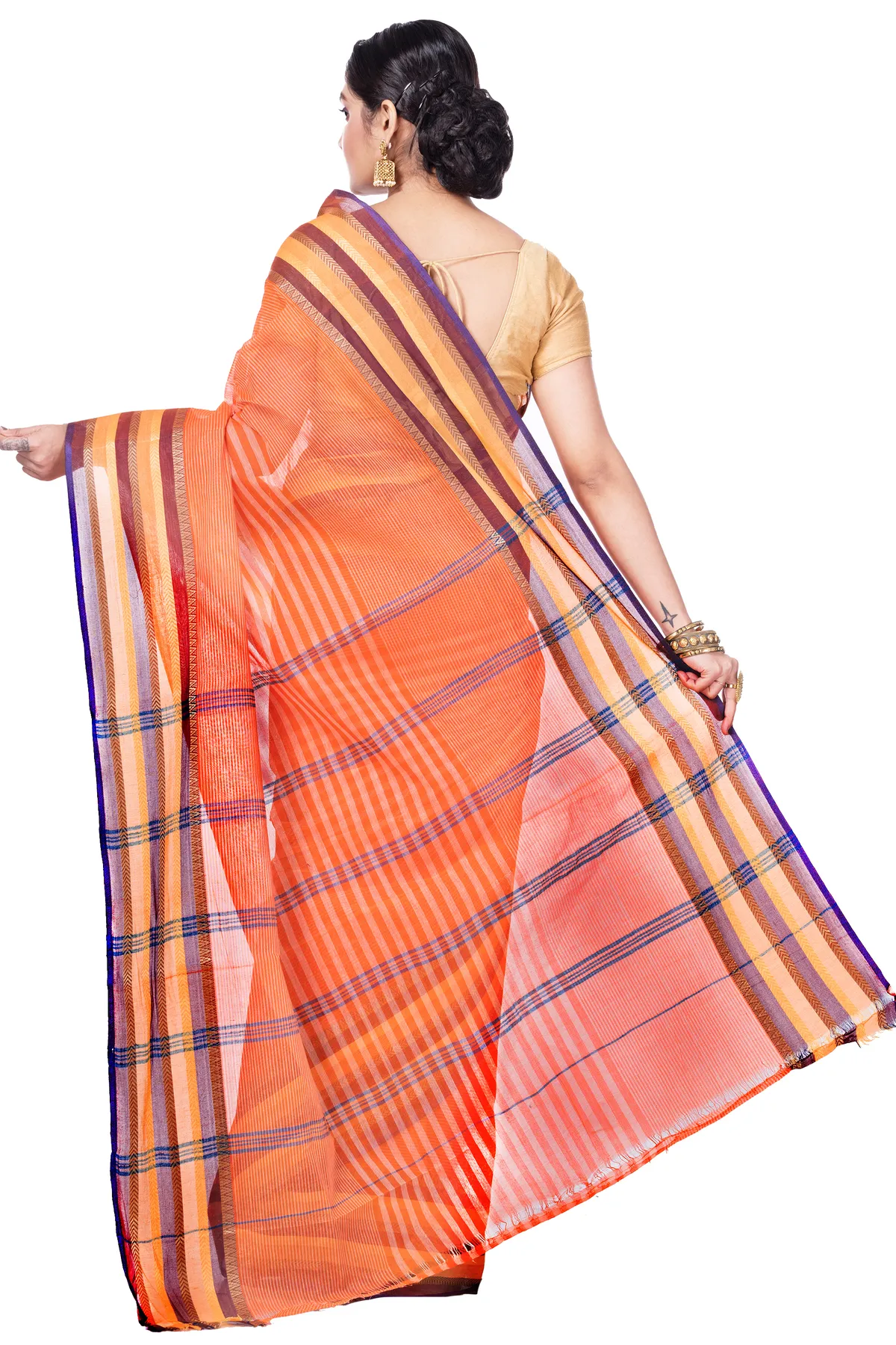 DipDiya Pure Cotton Orange Khajur Churi Strip Loom to Love Tant Sarees