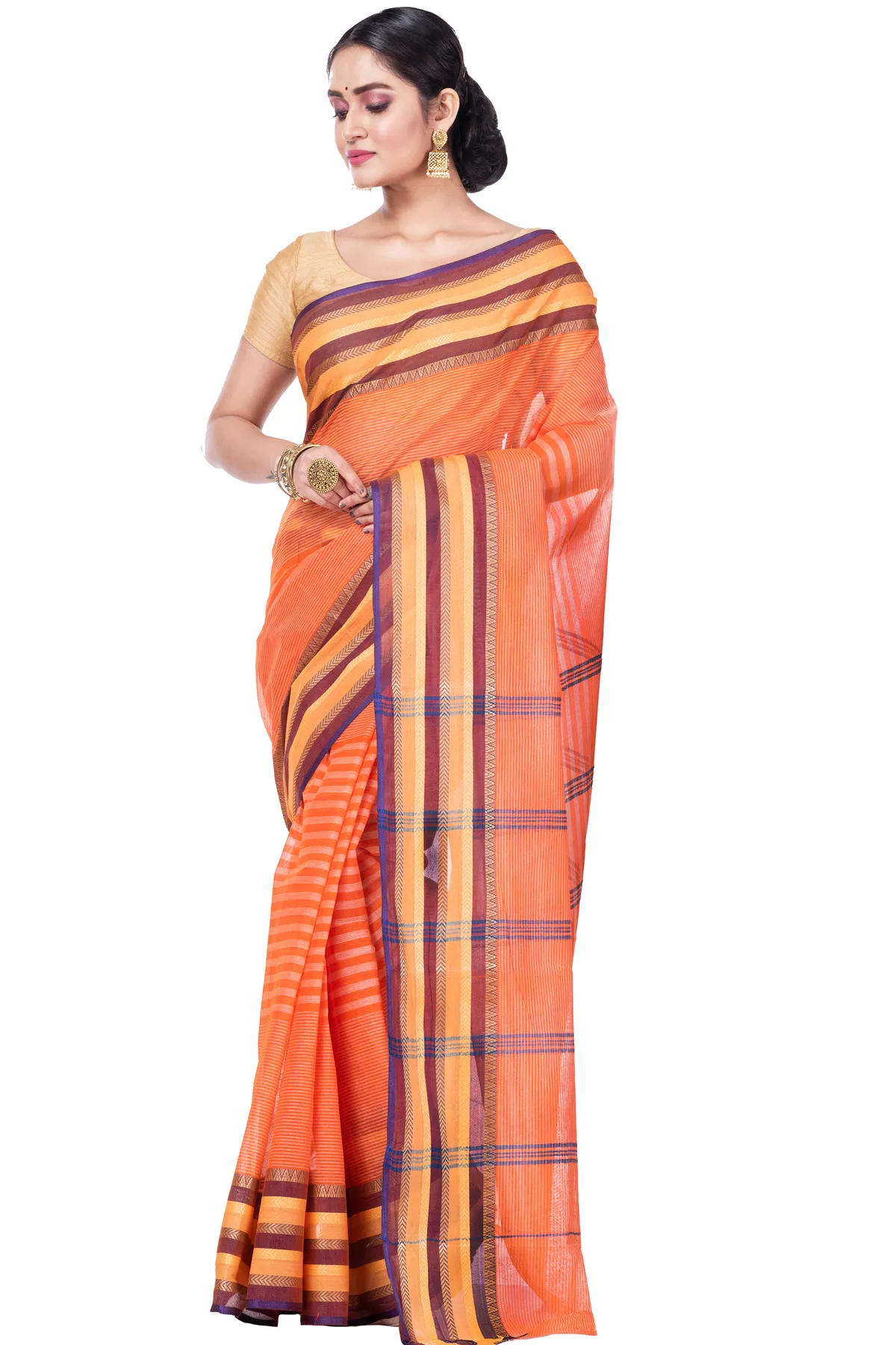 DipDiya Pure Cotton Orange Khajur Churi Strip Loom to Love Tant Sarees