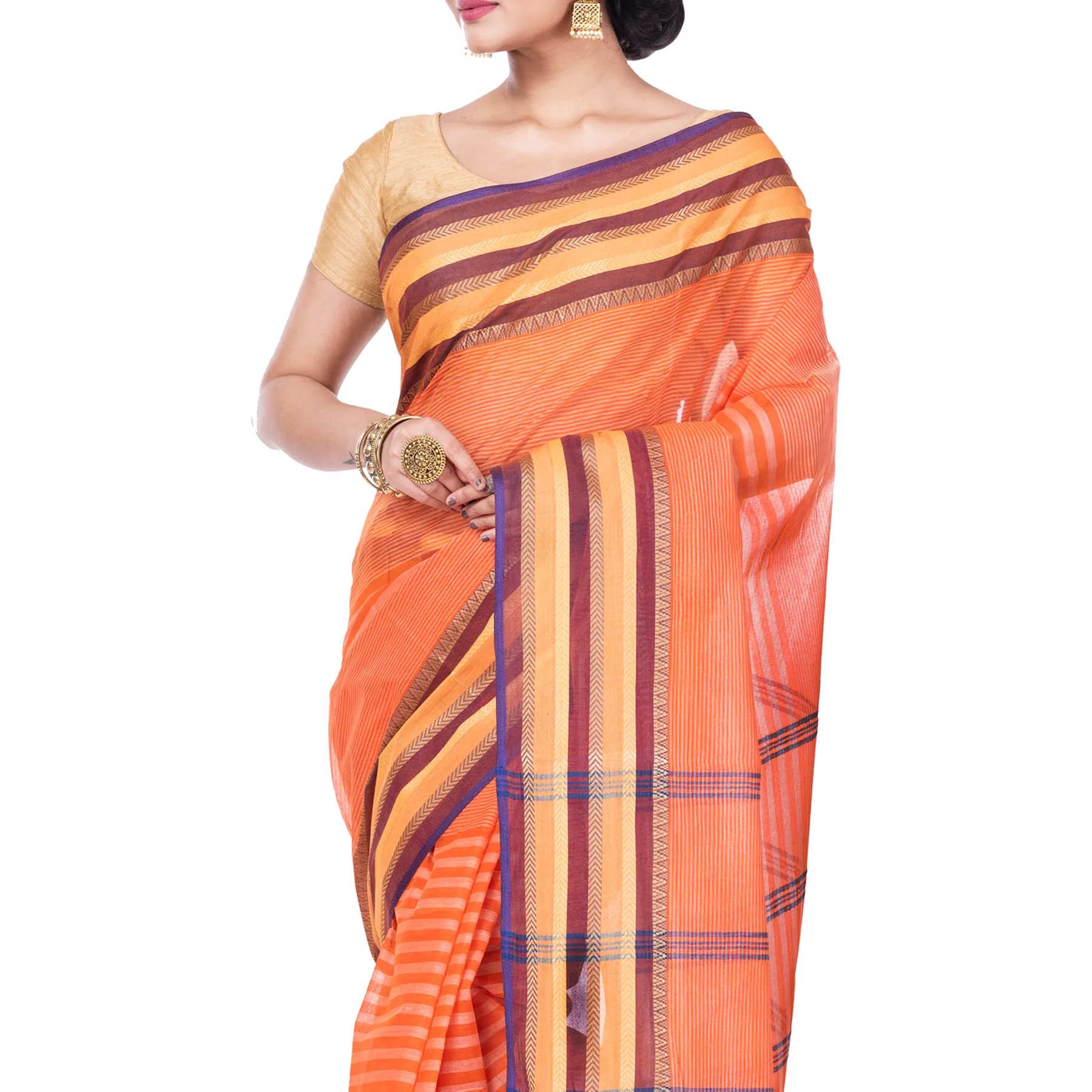 DipDiya Pure Cotton Orange Khajur Churi Strip Loom to Love Tant Sarees
