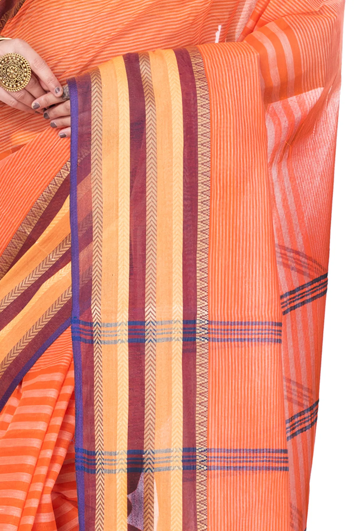 DipDiya Pure Cotton Orange Khajur Churi Strip Loom to Love Tant Sarees