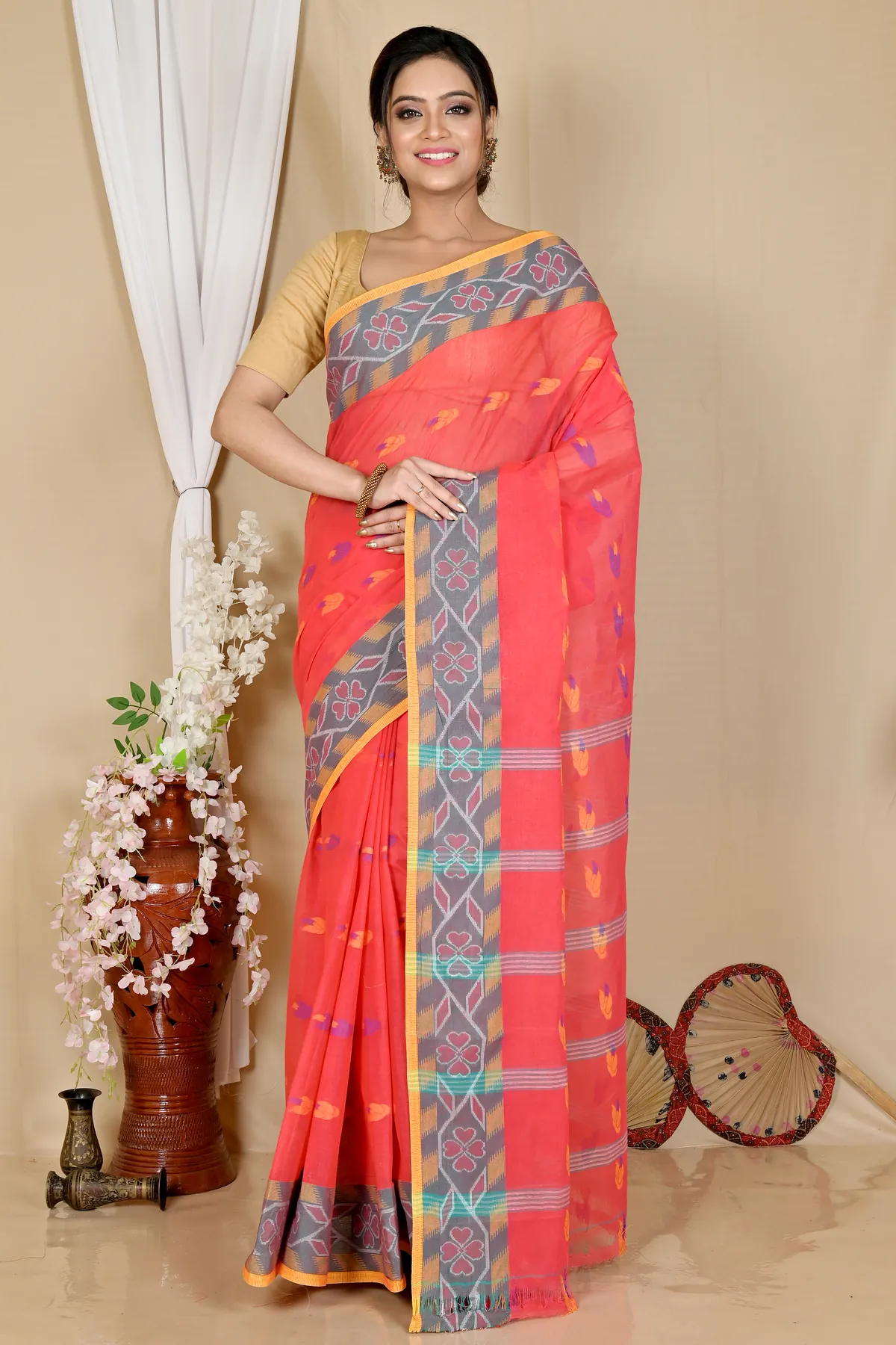 DipDiya Pure Cotton Orange Komtai Bengali Heritage Tant Sarees