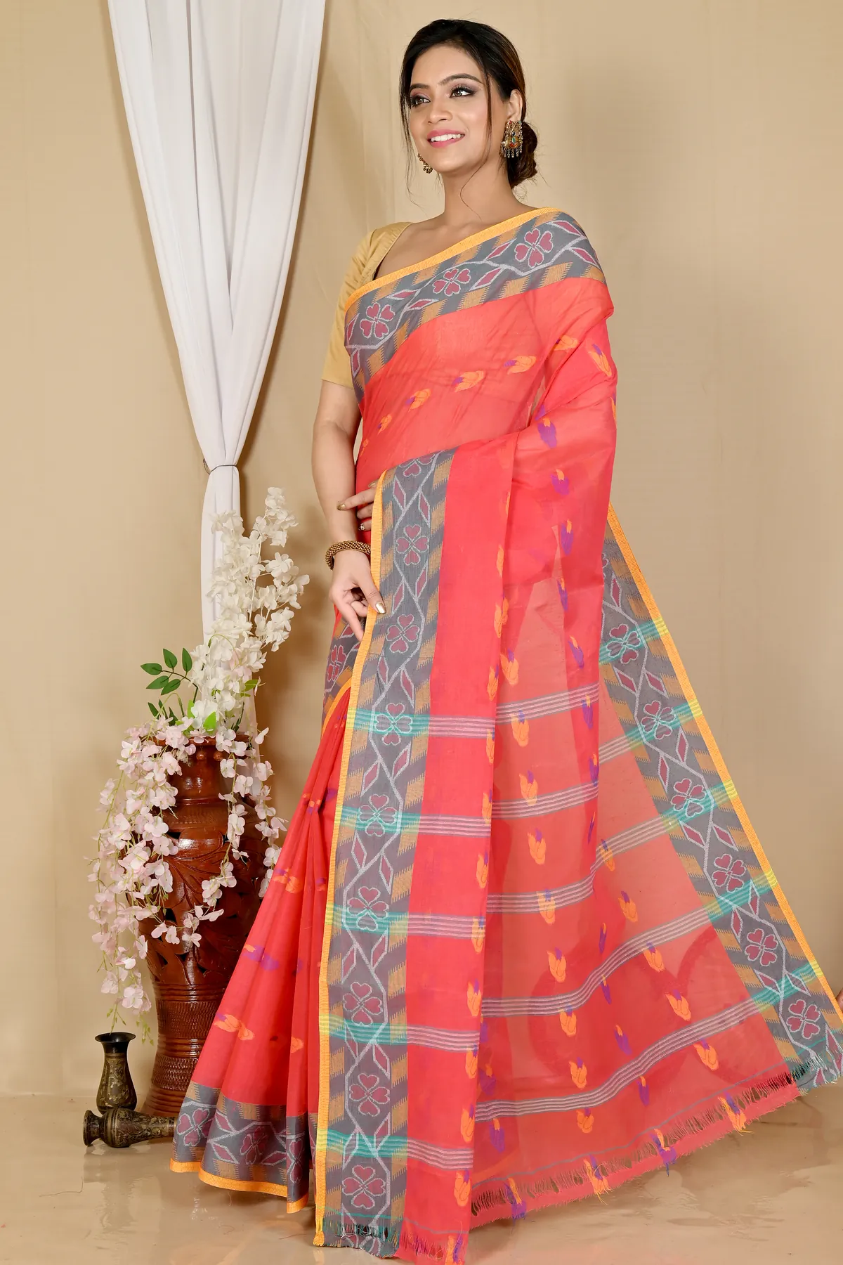 DipDiya Pure Cotton Orange Komtai Bengali Heritage Tant Sarees