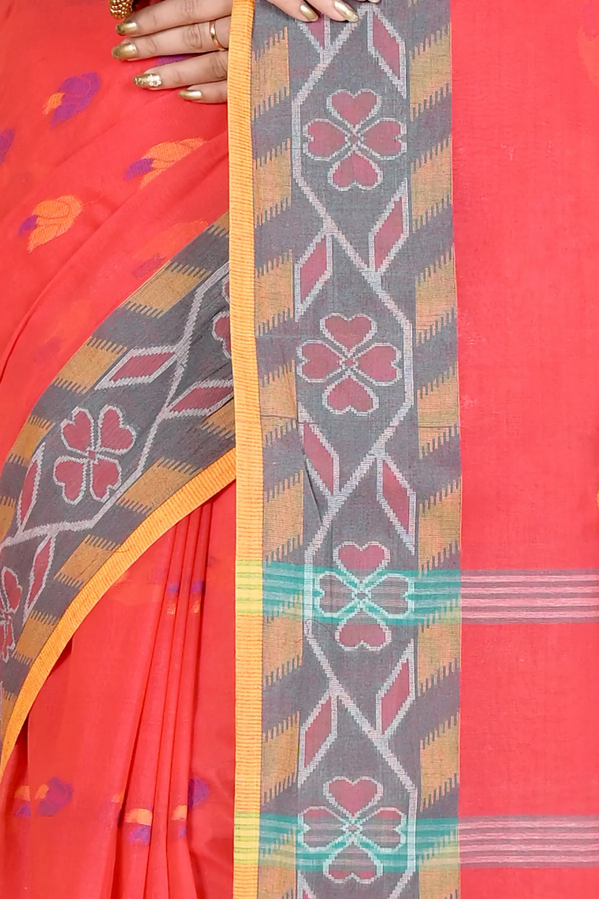 DipDiya Pure Cotton Orange Komtai Bengali Heritage Tant Sarees