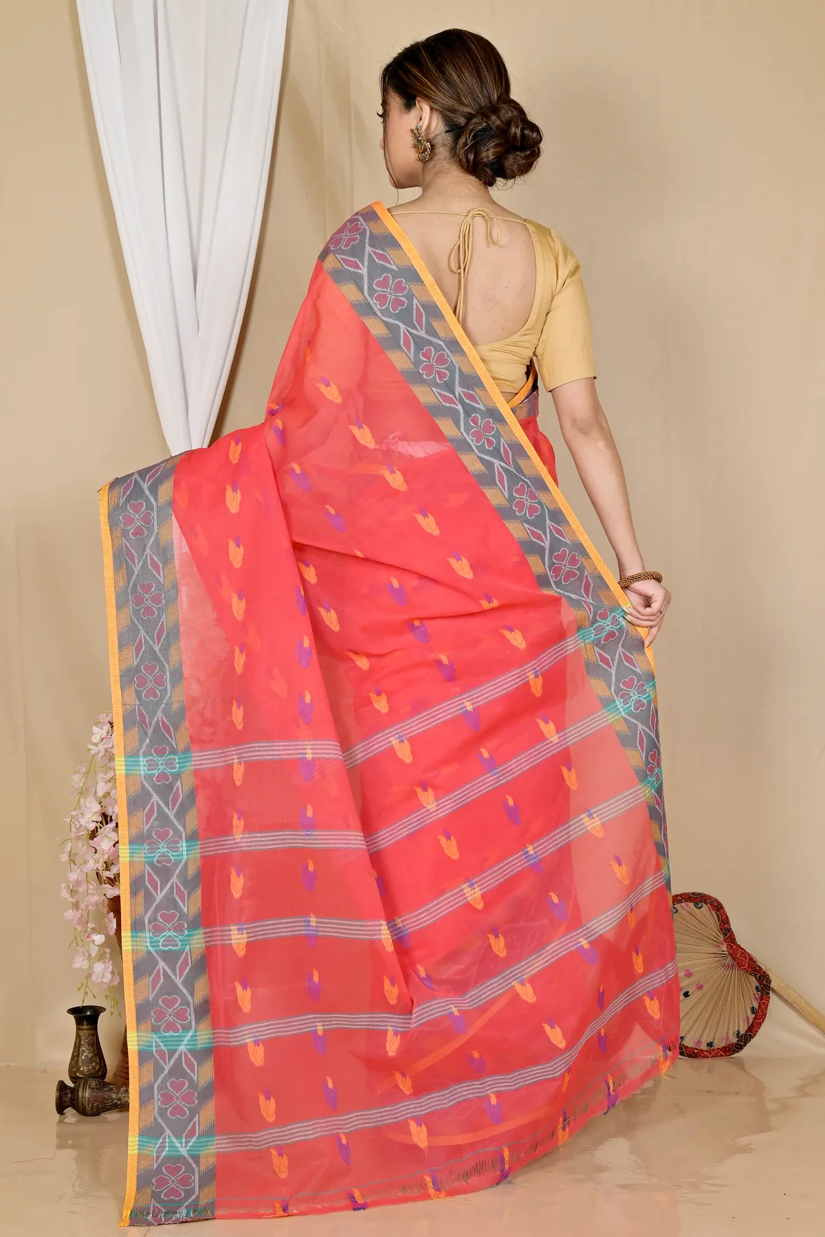 DipDiya Pure Cotton Orange Komtai Bengali Heritage Tant Sarees