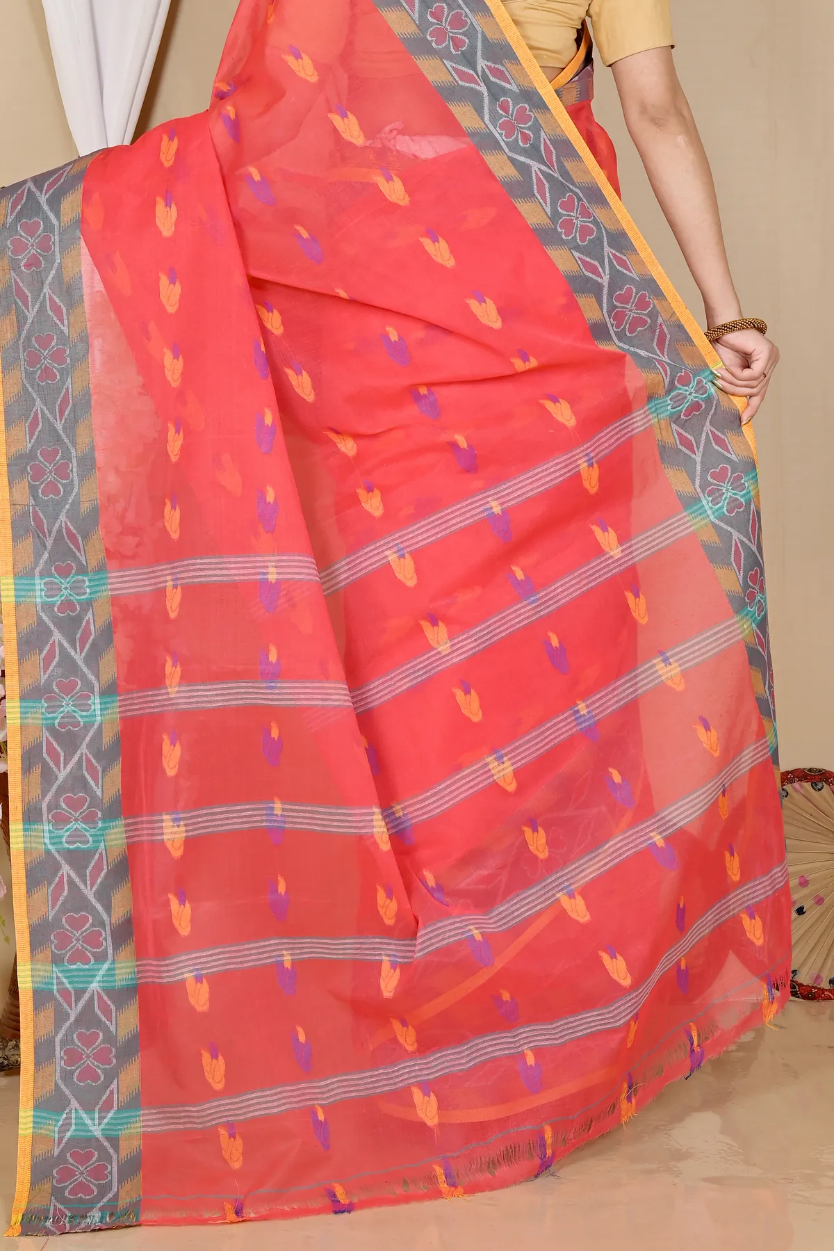 DipDiya Pure Cotton Orange Komtai Bengali Heritage Tant Sarees