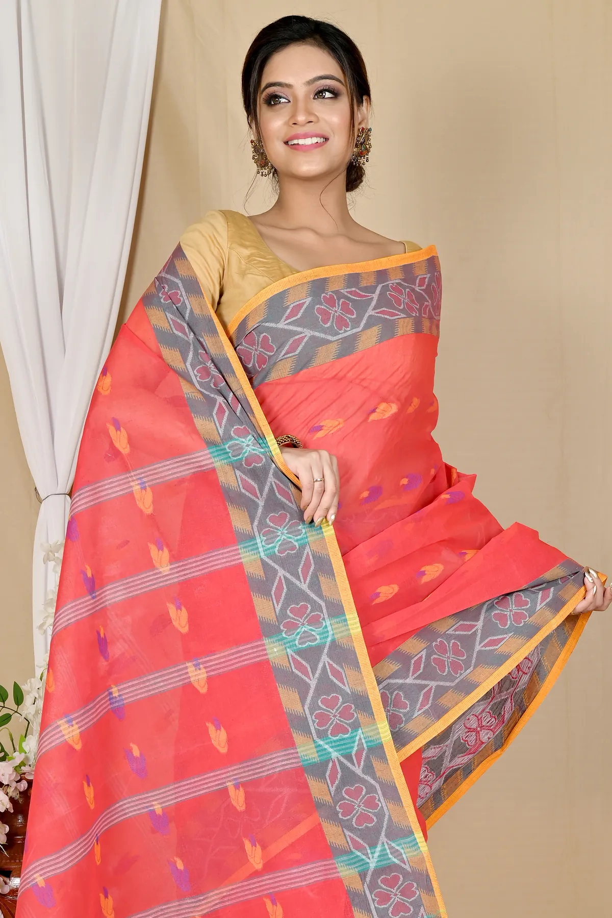 DipDiya Pure Cotton Orange Komtai Bengali Heritage Tant Sarees