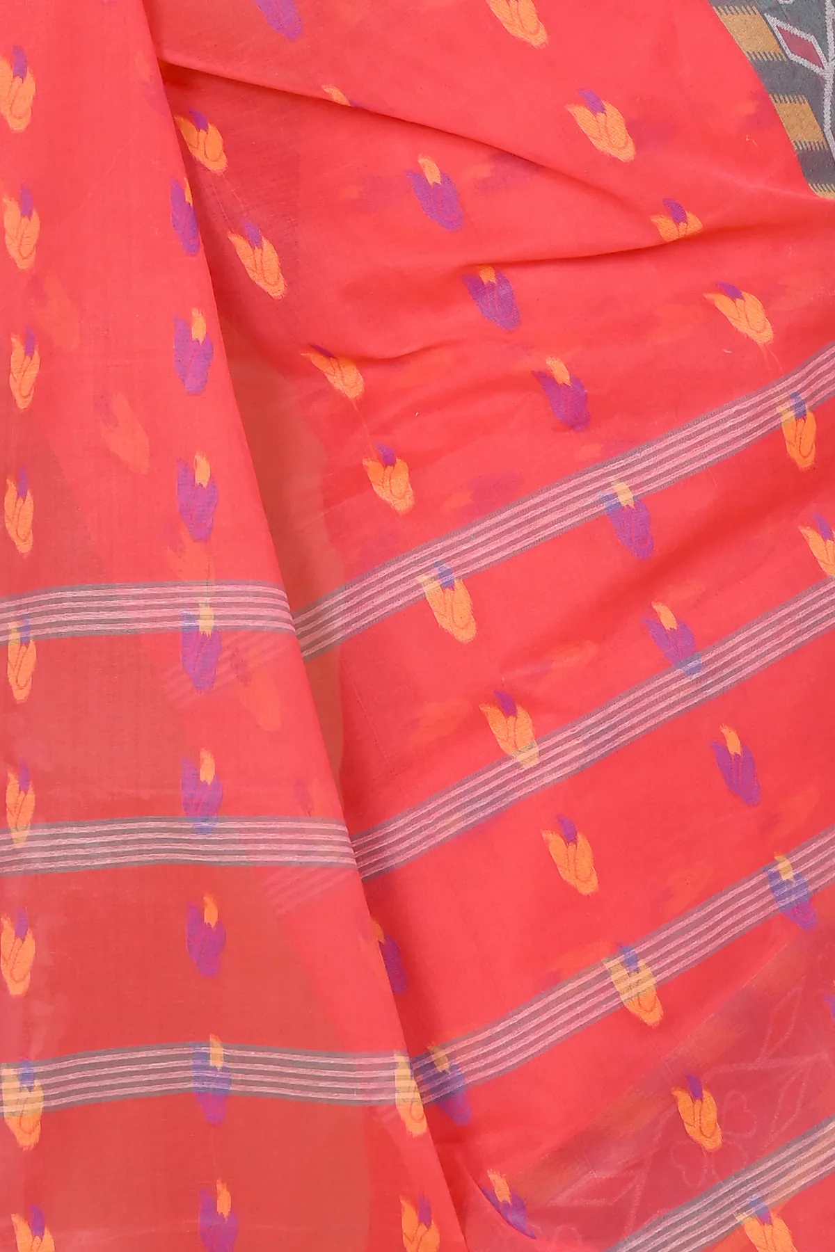 DipDiya Pure Cotton Orange Komtai Bengali Heritage Tant Sarees