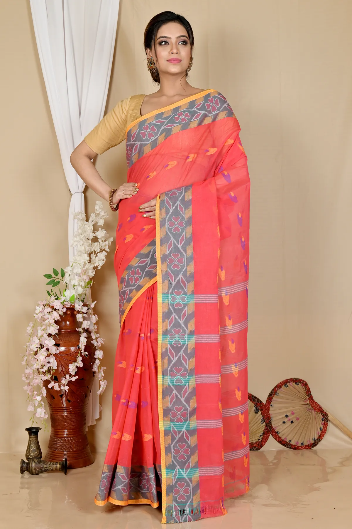 DipDiya Pure Cotton Orange Komtai Bengali Heritage Tant Sarees