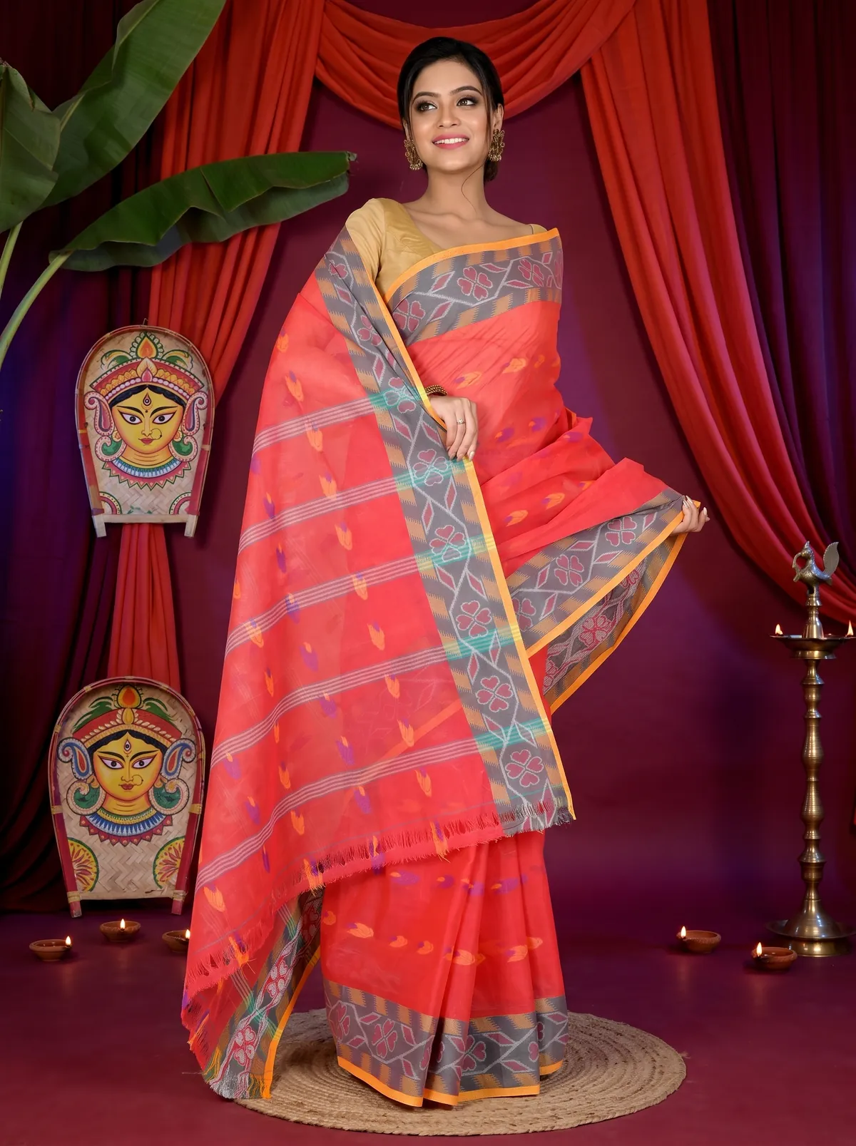DipDiya Pure Cotton Orange Komtai Bengali Heritage Tant Sarees