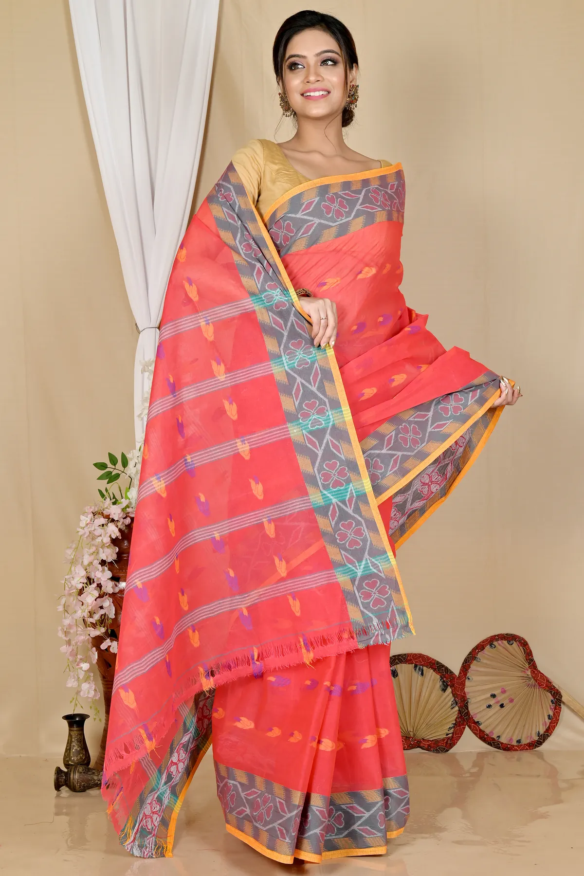 DipDiya Pure Cotton Orange Komtai Bengali Heritage Tant Sarees