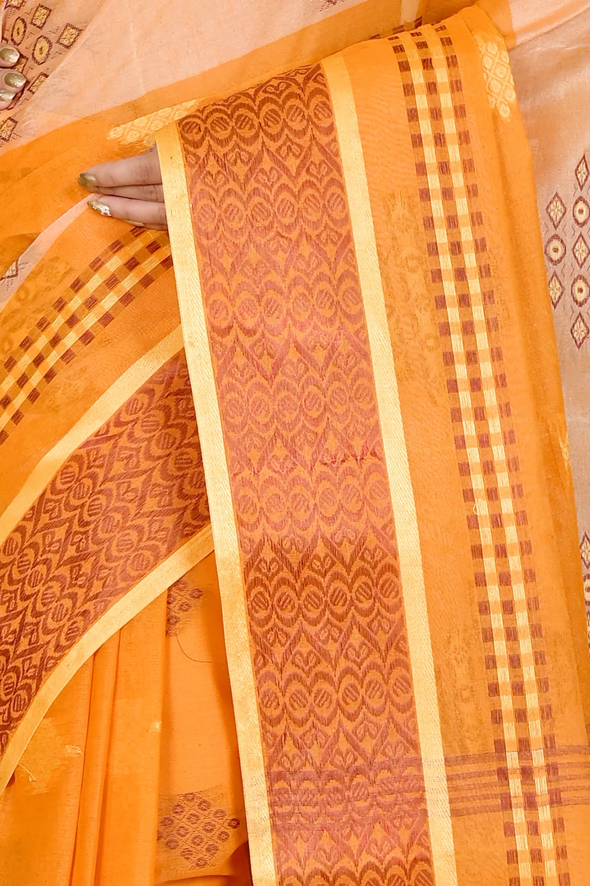 DipDiya Pure Cotton Orange Krita Woven by Hand Tant Sarees