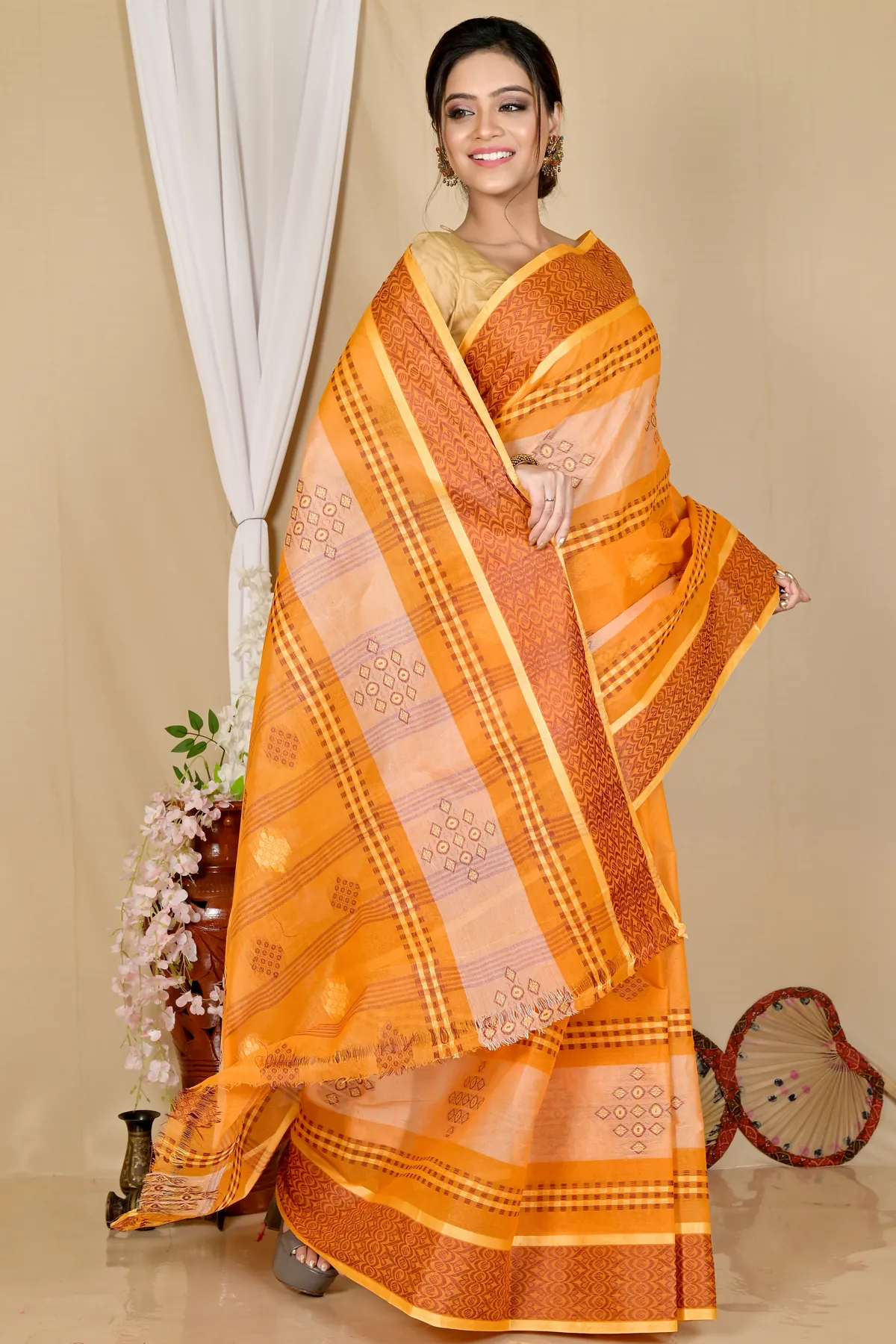 DipDiya Pure Cotton Orange Krita Woven by Hand Tant Sarees