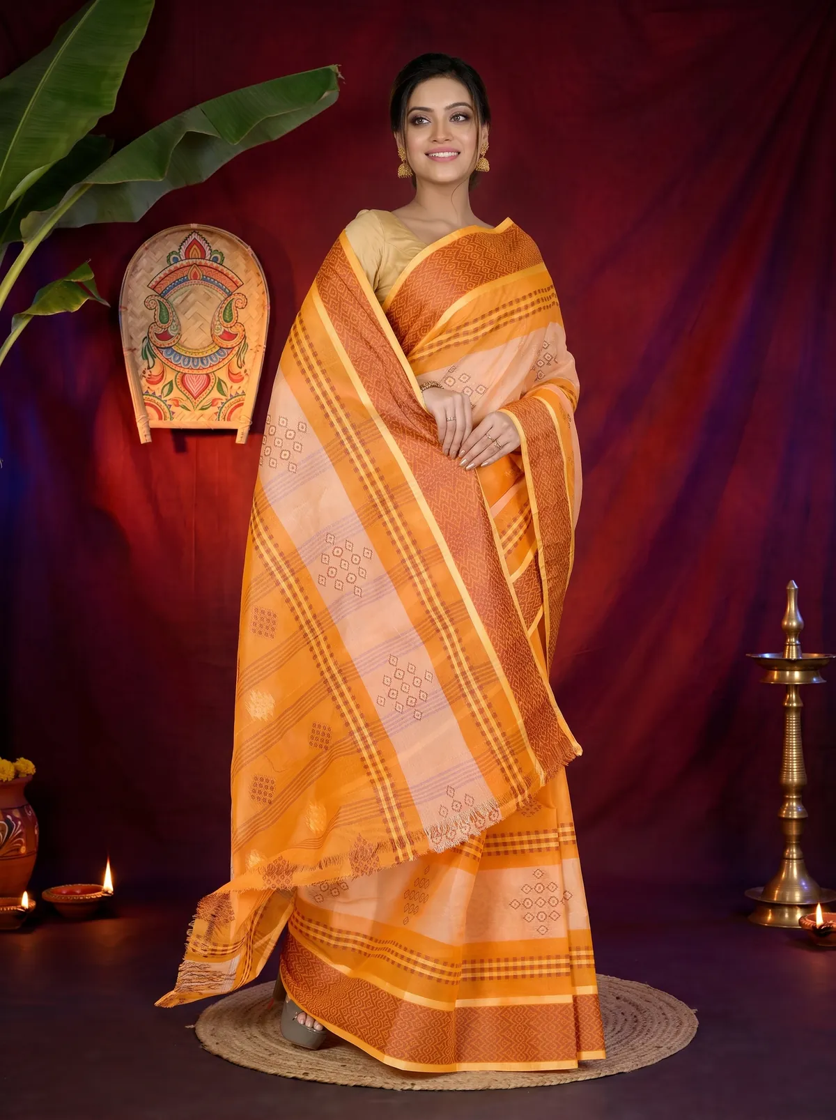 DipDiya Pure Cotton Orange Krita Woven by Hand Tant Sarees