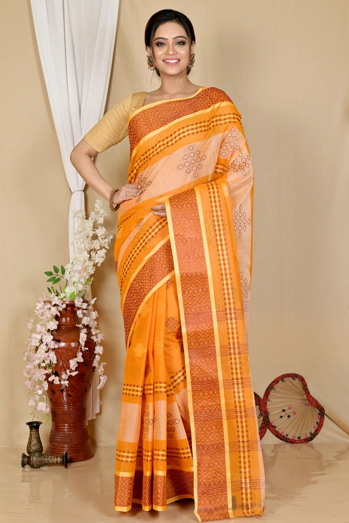 DipDiya Pure Cotton Orange Krita Woven by Hand Tant Sarees