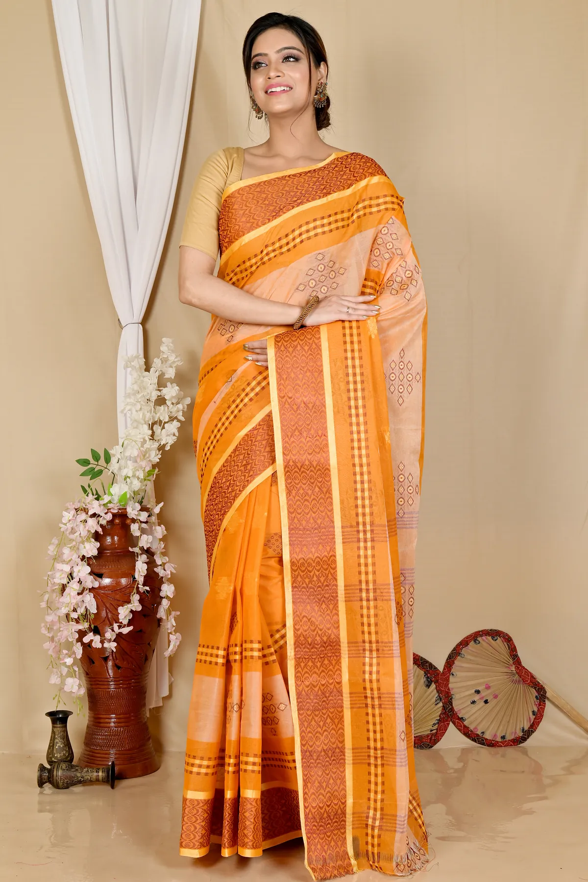 DipDiya Pure Cotton Orange Krita Woven by Hand Tant Sarees