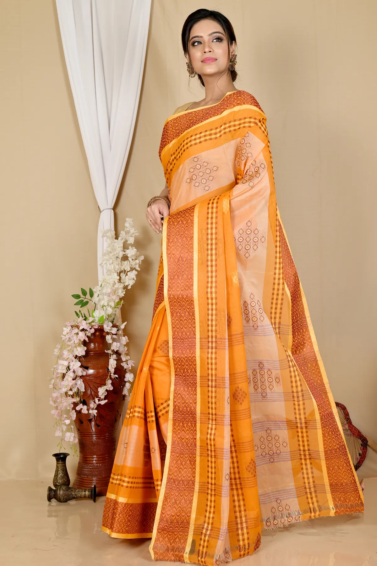 DipDiya Pure Cotton Orange Krita Woven by Hand Tant Sarees