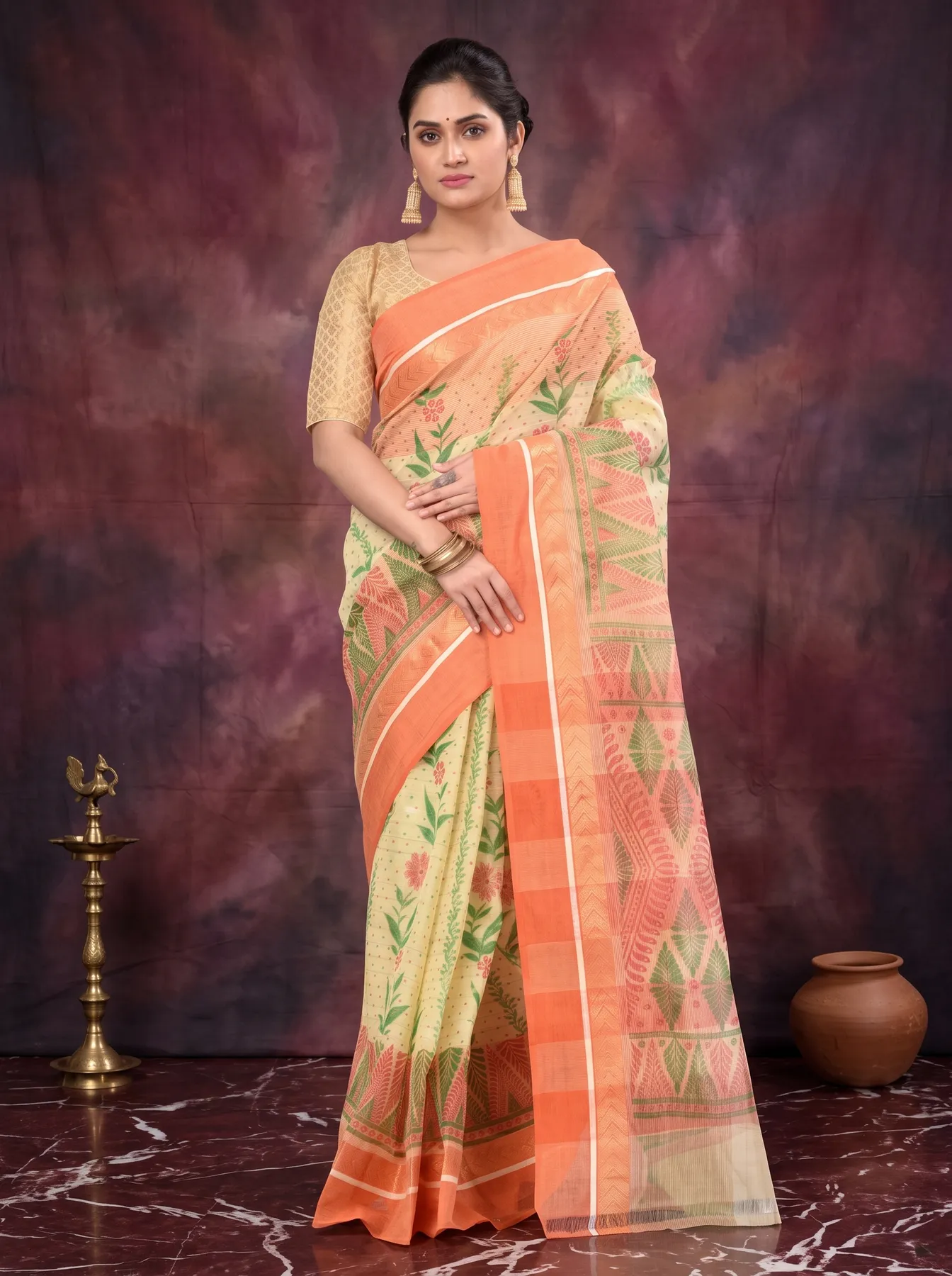 DipDiya Pure Cotton Orange Lata Pata Bengal’s Legacy Printed Tant Sarees
