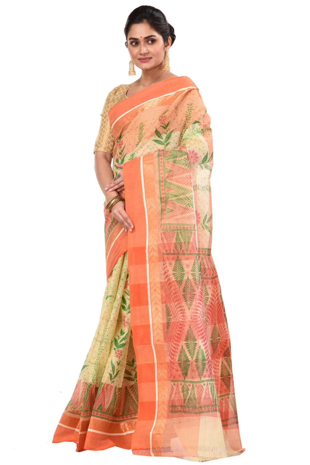 DipDiya Pure Cotton Orange Lata Pata Bengal’s Legacy Printed Tant Sarees