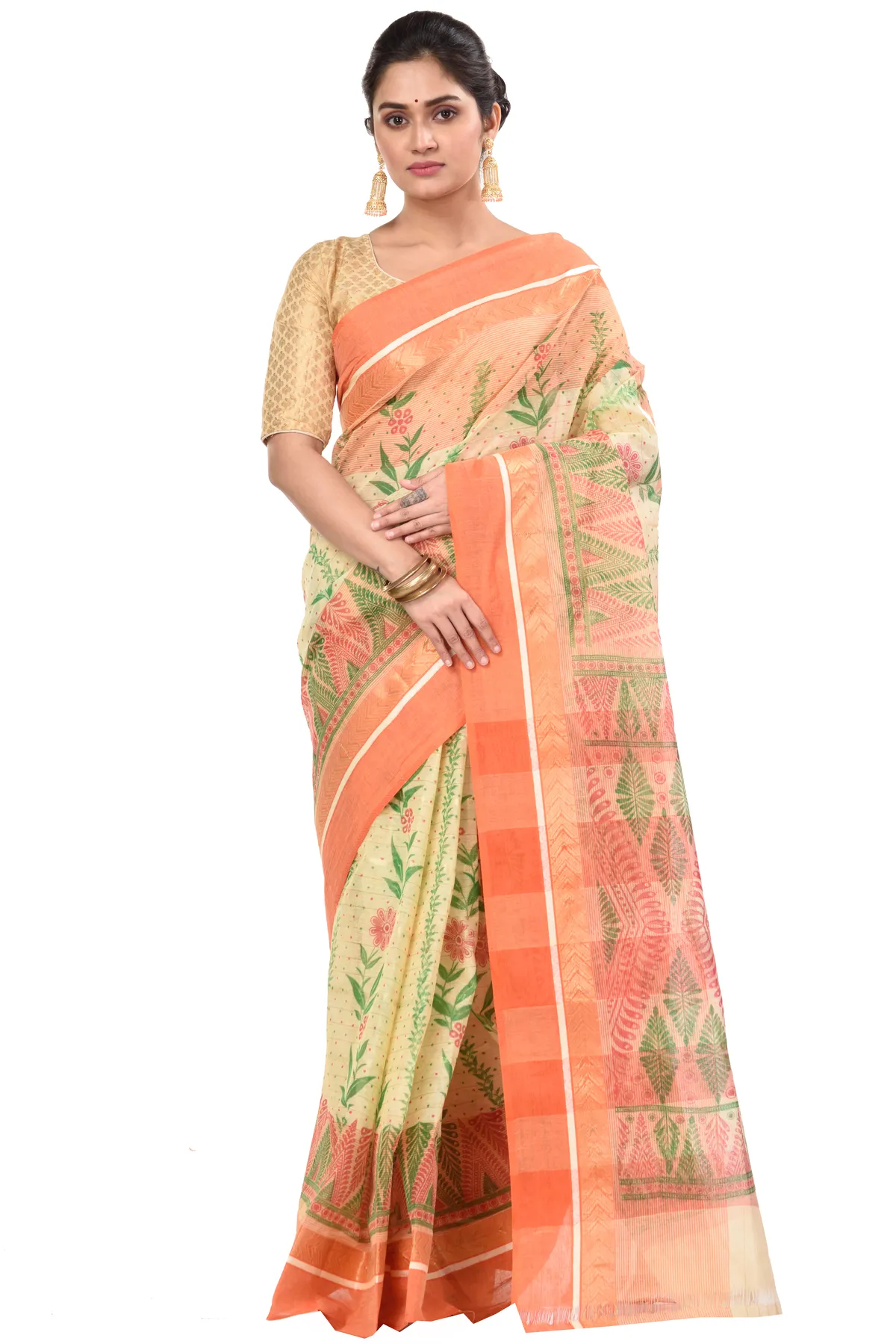 DipDiya Pure Cotton Orange Lata Pata Bengal’s Legacy Printed Tant Sarees
