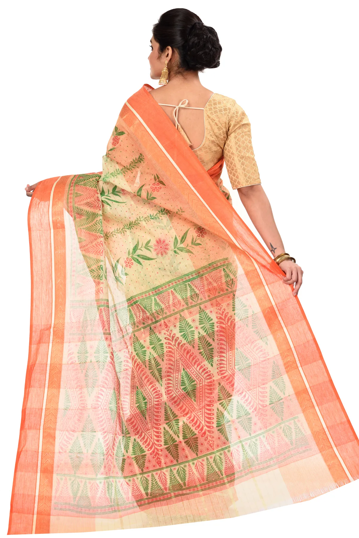DipDiya Pure Cotton Orange Lata Pata Bengal’s Legacy Printed Tant Sarees