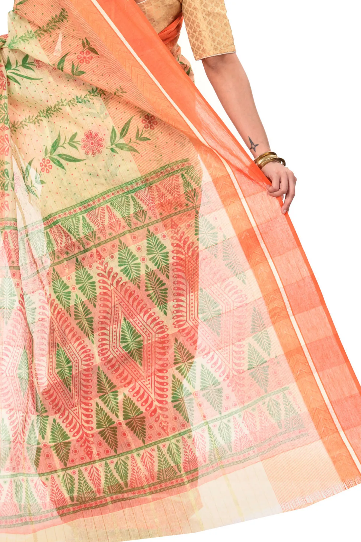 DipDiya Pure Cotton Orange Lata Pata Bengal’s Legacy Printed Tant Sarees