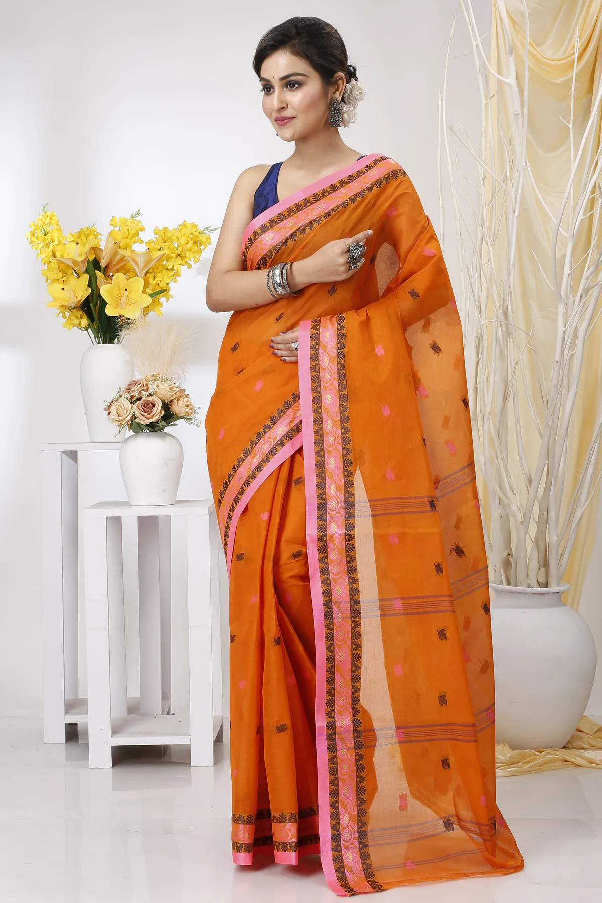 DipDiya Pure Cotton Orange Leron Rooted in Bengal Tant Sarees