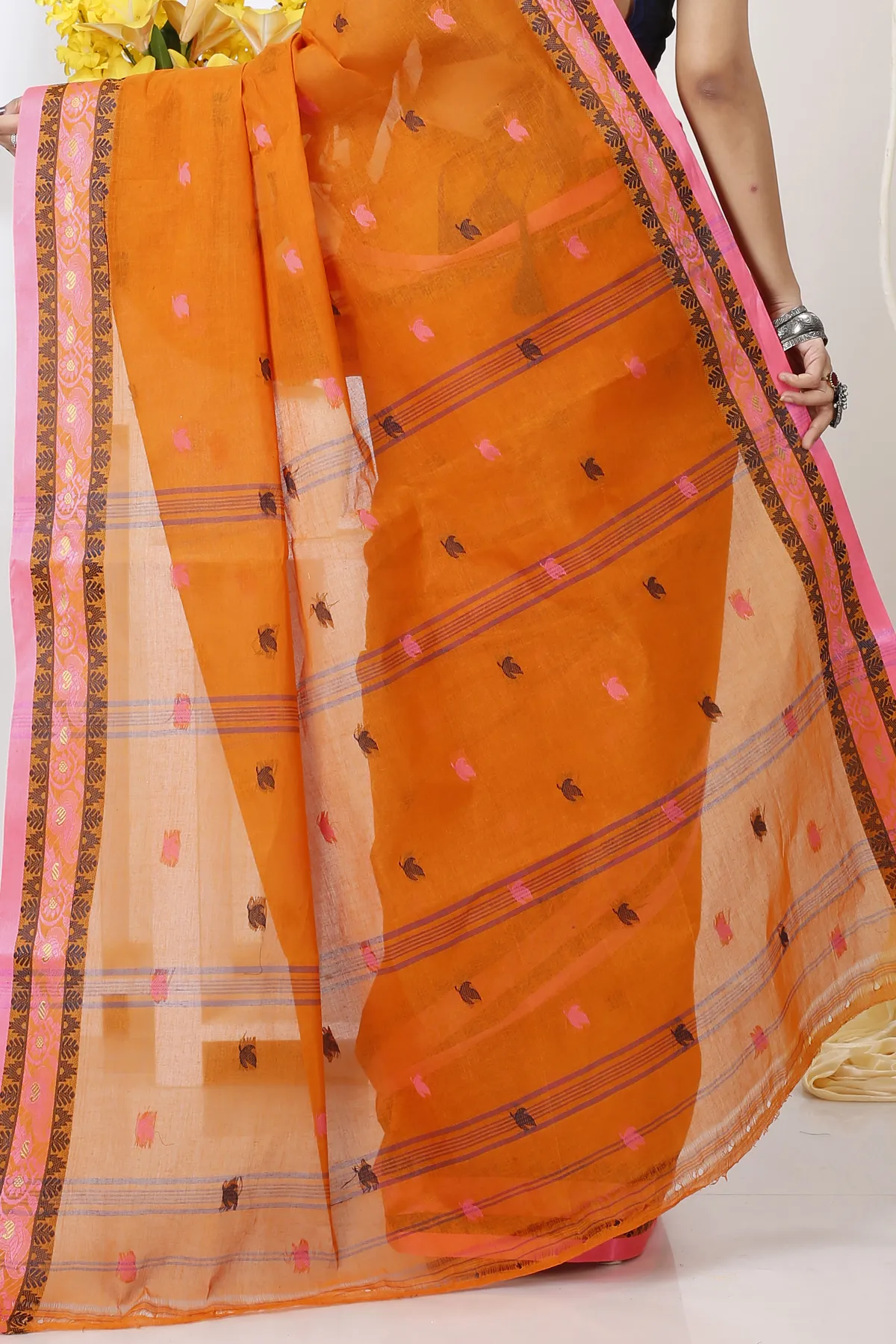 DipDiya Pure Cotton Orange Leron Rooted in Bengal Tant Sarees