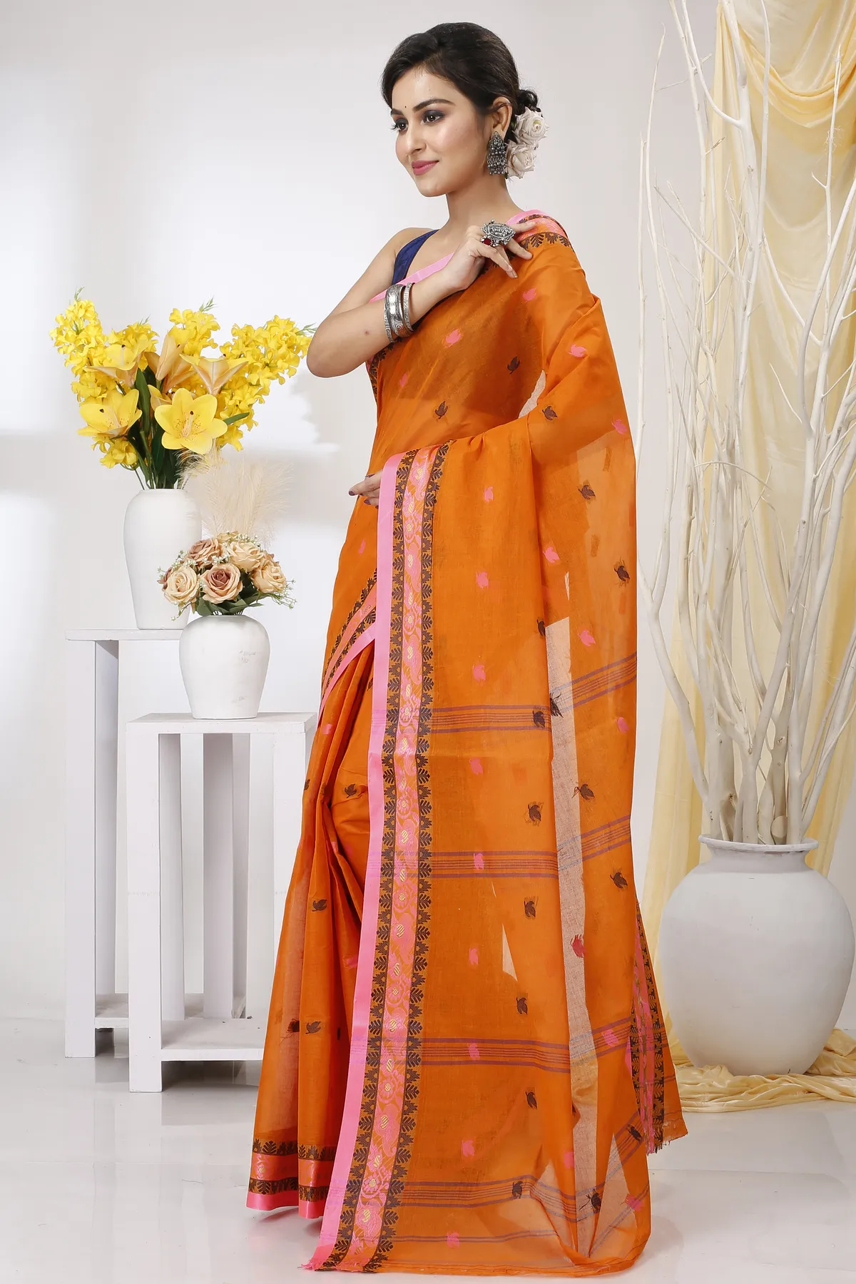 DipDiya Pure Cotton Orange Leron Rooted in Bengal Tant Sarees