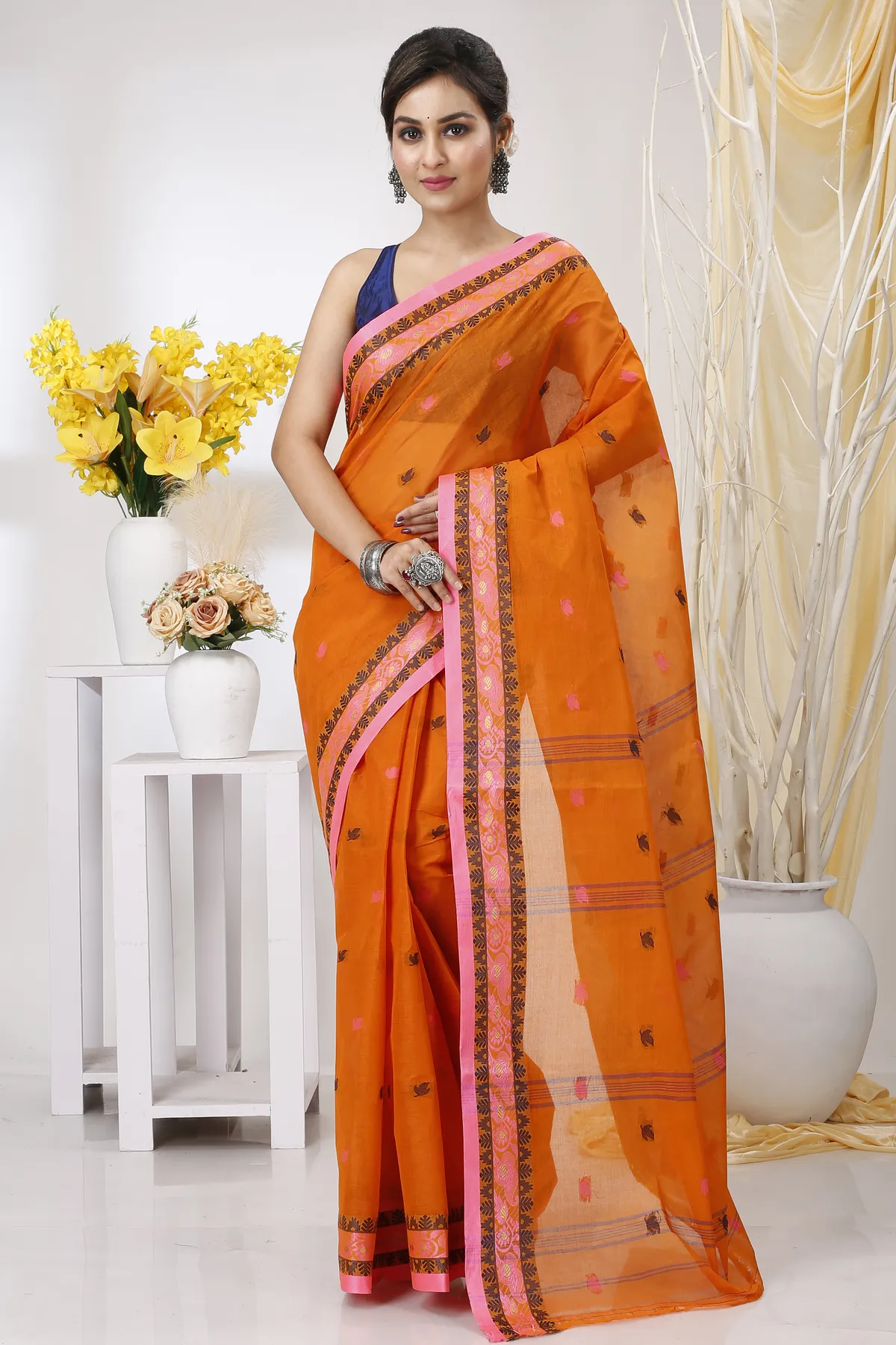 DipDiya Pure Cotton Orange Leron Rooted in Bengal Tant Sarees