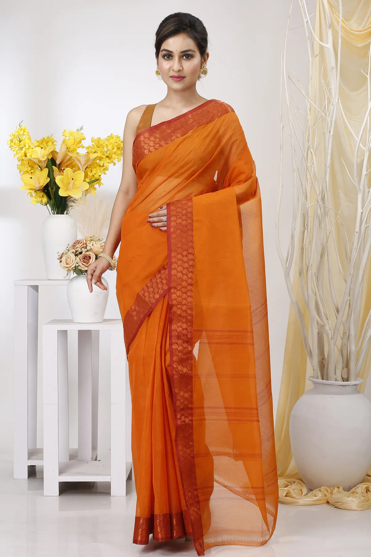DipDiya Pure Cotton Orange Lilan Heritage of Bengal Tant Sarees