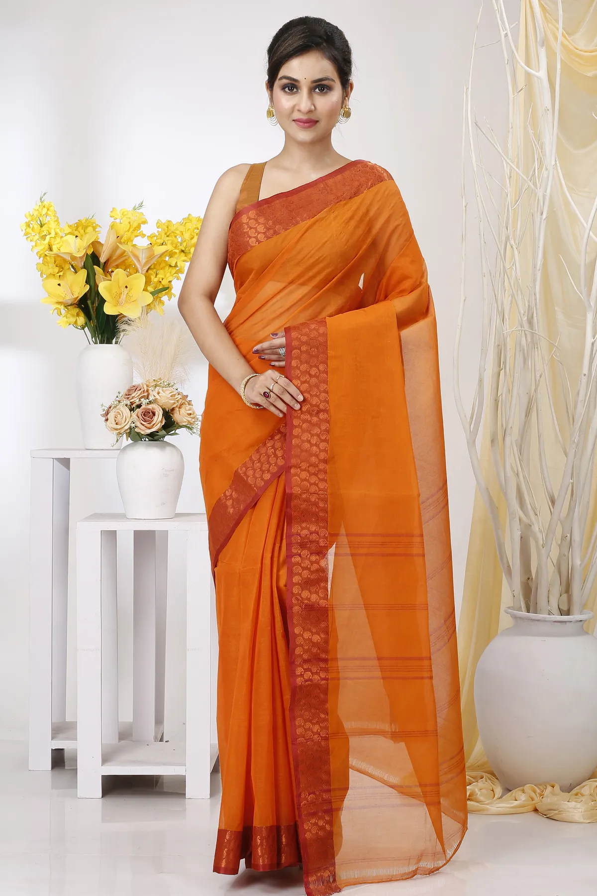 DipDiya Pure Cotton Orange Lilan Heritage of Bengal Tant Sarees