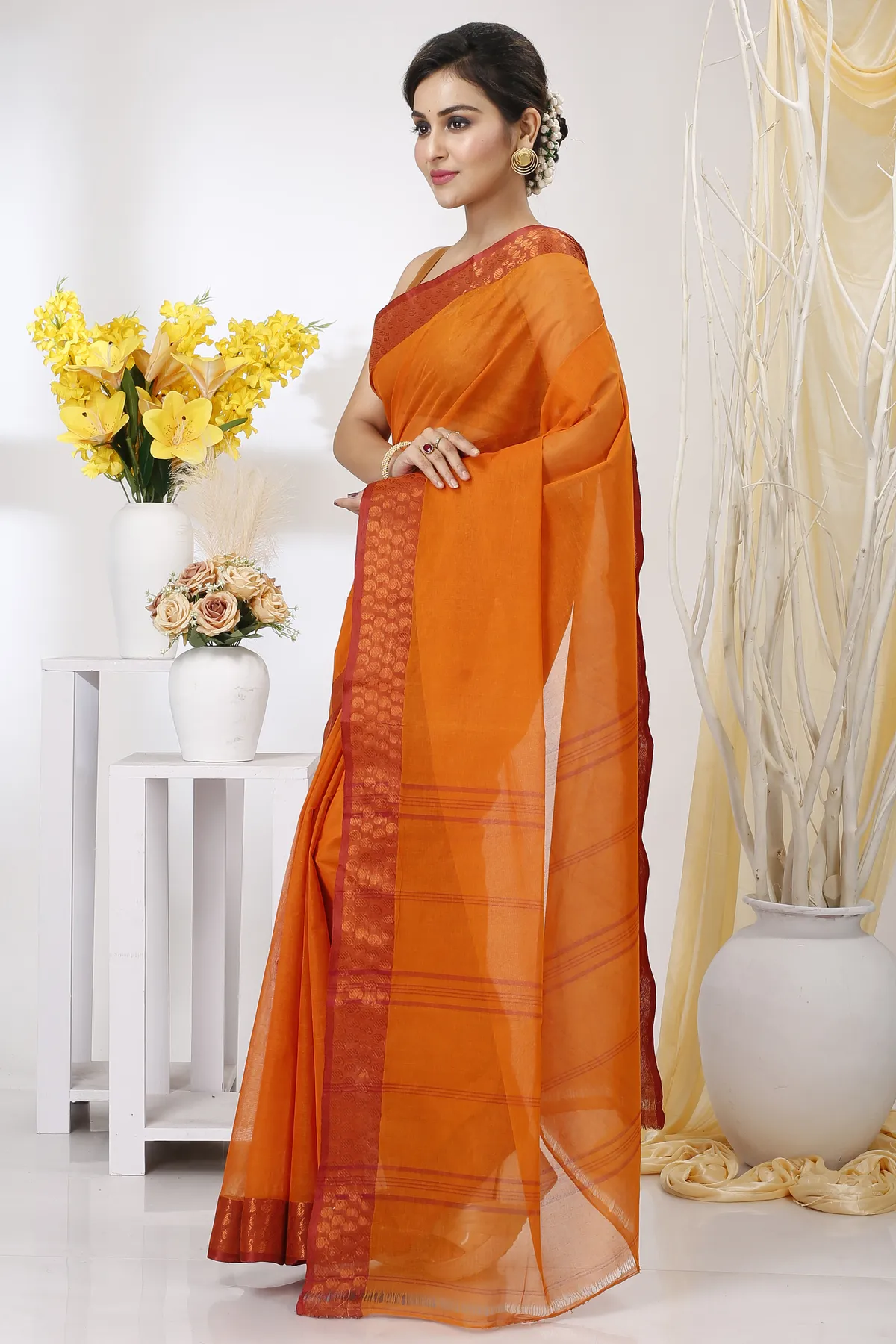 DipDiya Pure Cotton Orange Lilan Heritage of Bengal Tant Sarees